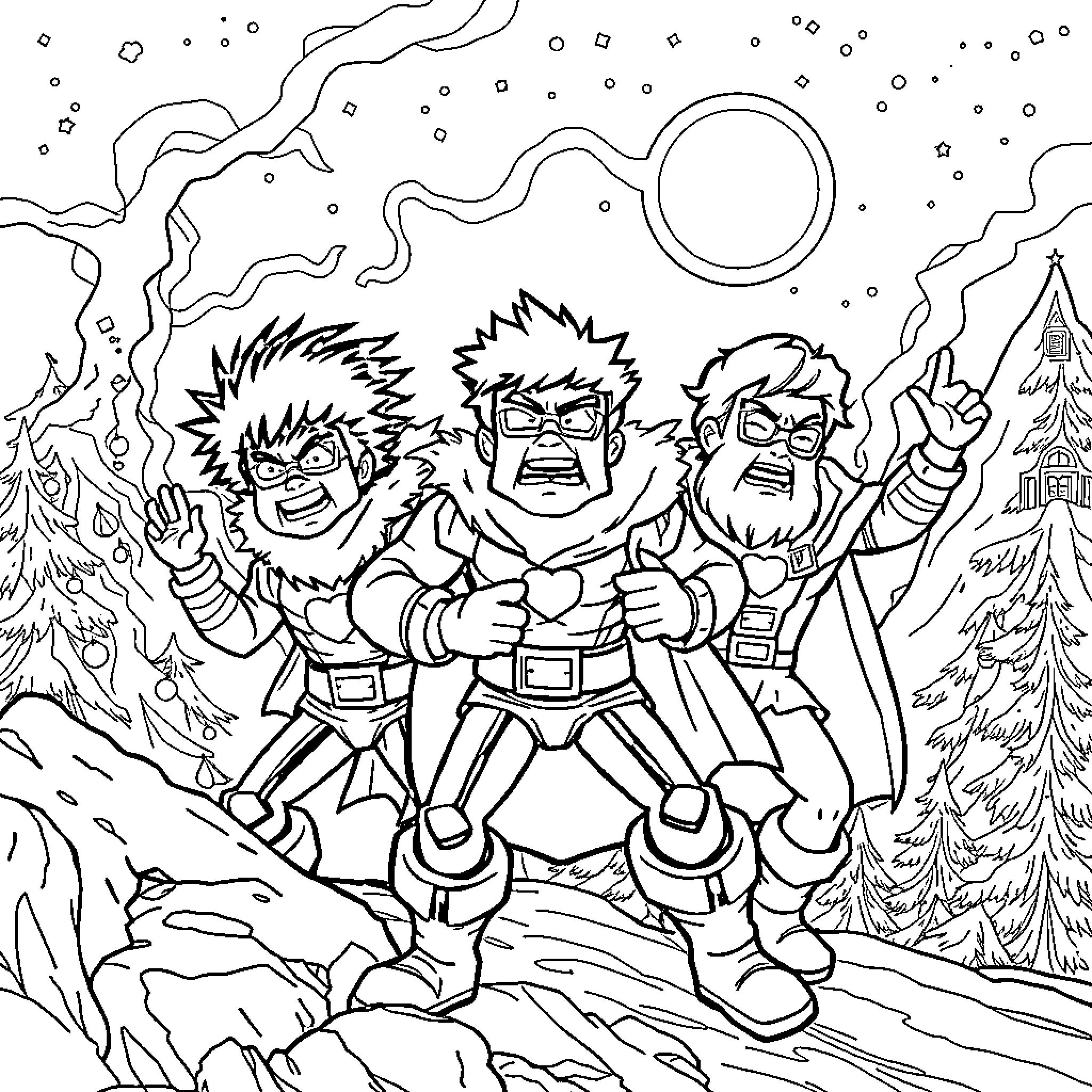 The Thundermans in a Snowy Adventure Coloring Page (free black-and-white line drawing printable PDF for all, from beginners to advanced learners, including children, teens, adults, and seniors)