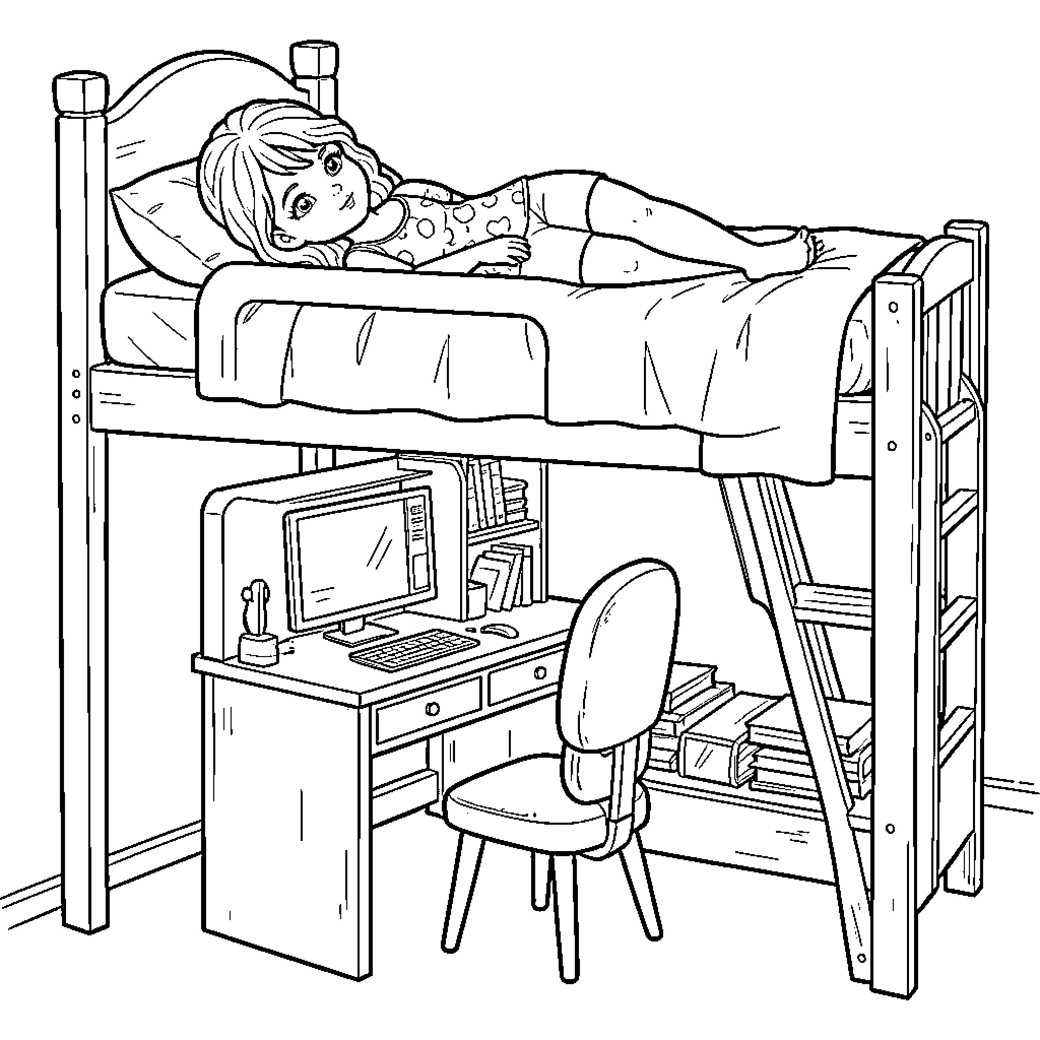 Lit girl relaxing on a loft bed Coloring Page (free black-and-white line drawing printable PDF for all, from beginners to advanced learners, including children, teens, adults, and seniors)