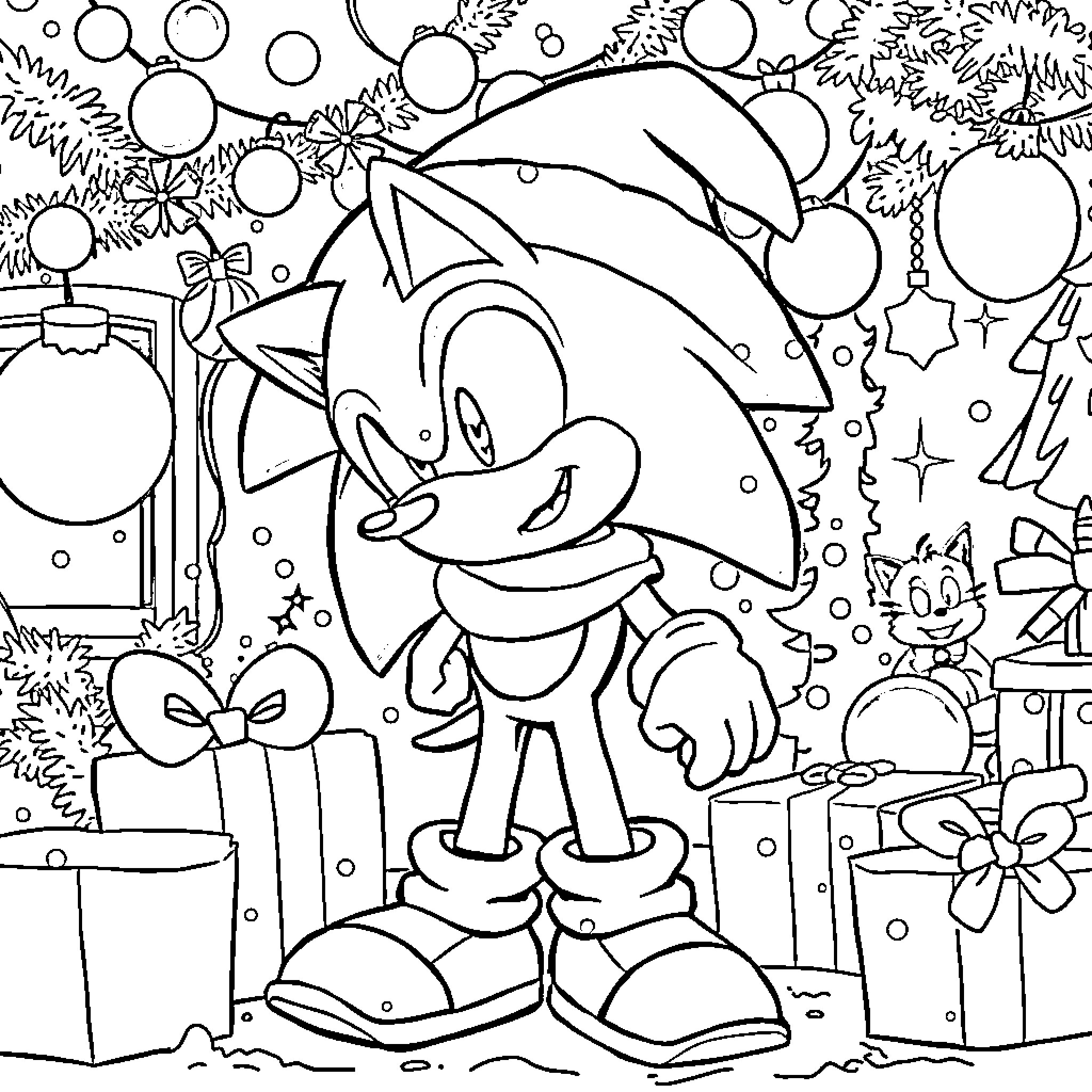 Sonic's Holiday Adventure with Festive Decorations Coloring Page (free black-and-white line drawing printable PDF for all, from beginners to advanced learners, including children, teens, adults, and seniors)