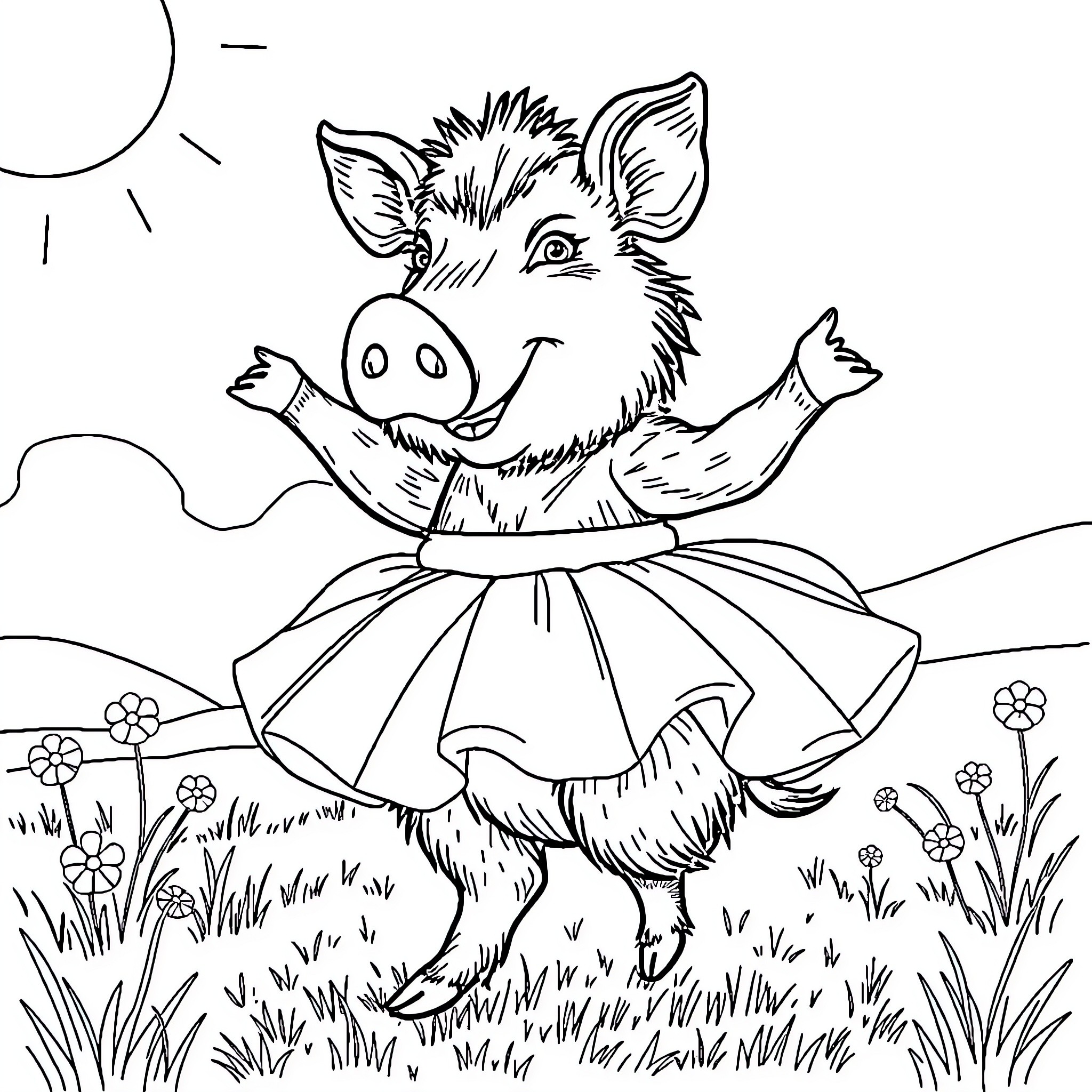Boar dancing joyfully in a field Coloring Page (free black-and-white line drawing printable PDF for all, from beginners to advanced learners, including children, teens, adults, and seniors)