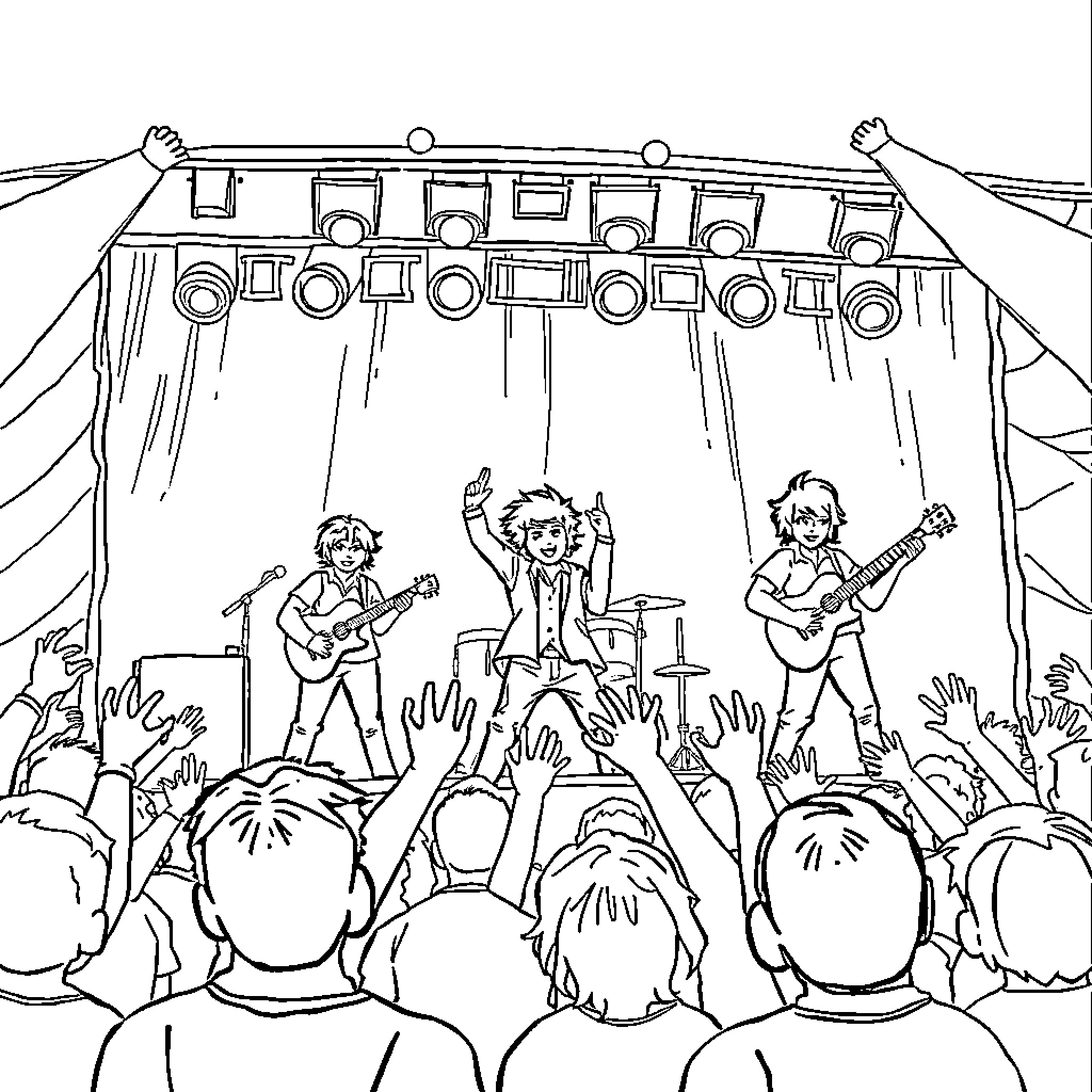 Stray Kids Rocking the Stage with Energetic Performance Coloring Page (free black-and-white line drawing printable PDF for all, from beginners to advanced learners, including children, teens, adults, and seniors)