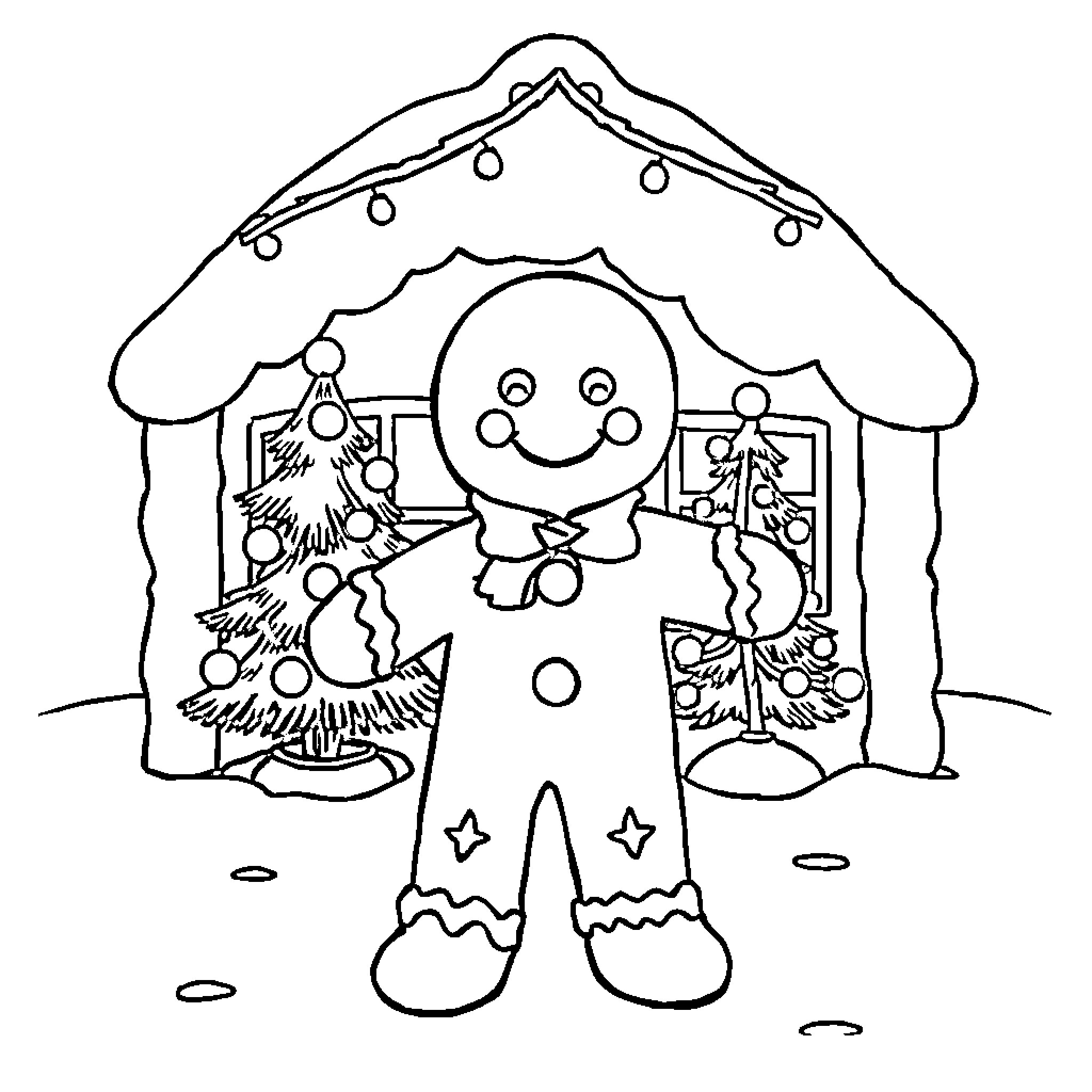 Gingerbread Man in a festive holiday scene Coloring Page (free black-and-white line drawing printable PDF for all, from beginners to advanced learners, including children, teens, adults, and seniors)
