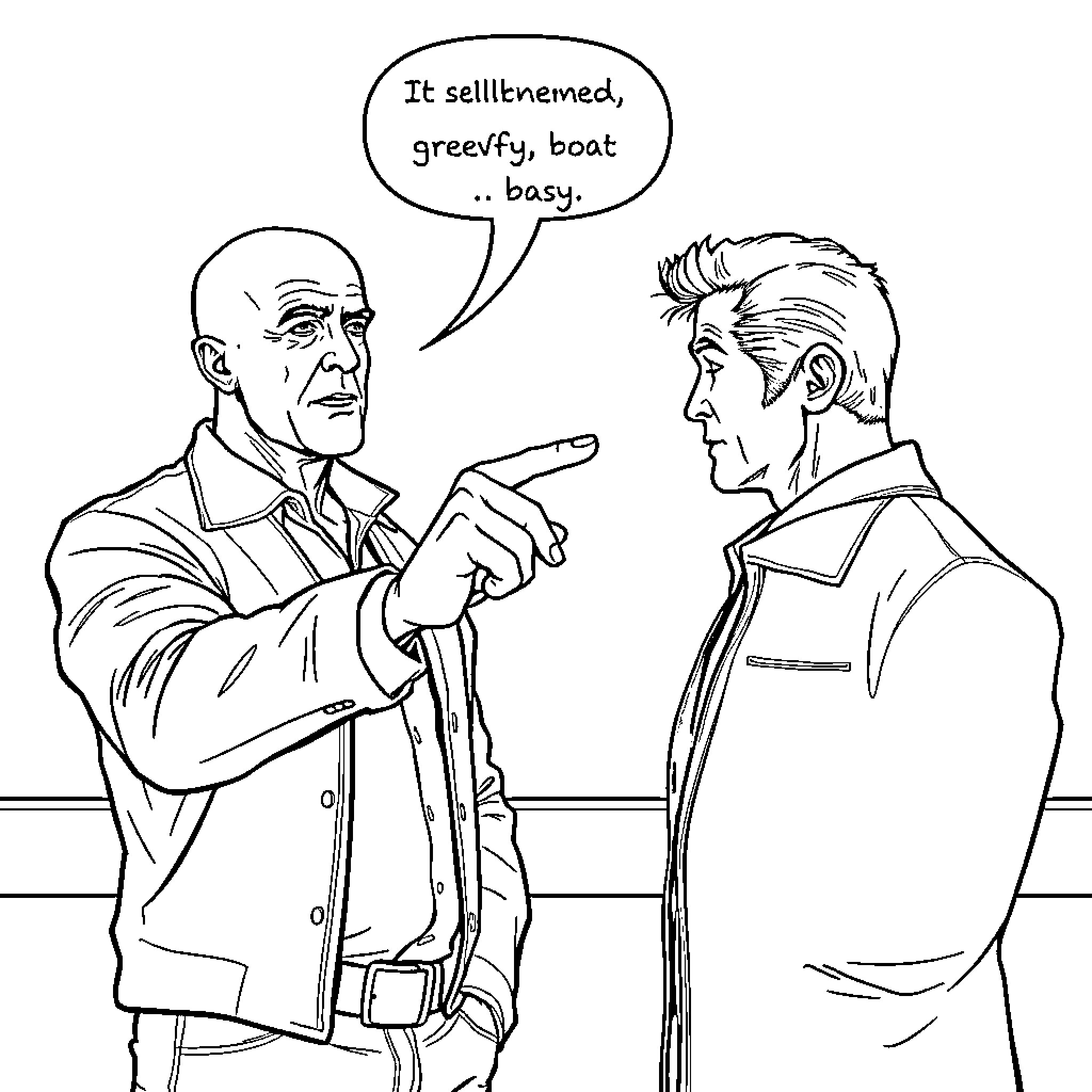 Sylvester Stallone in a serious conversation with another man Coloring Page (free black-and-white line drawing printable PDF for all, from beginners to advanced learners, including children, teens, adults, and seniors)