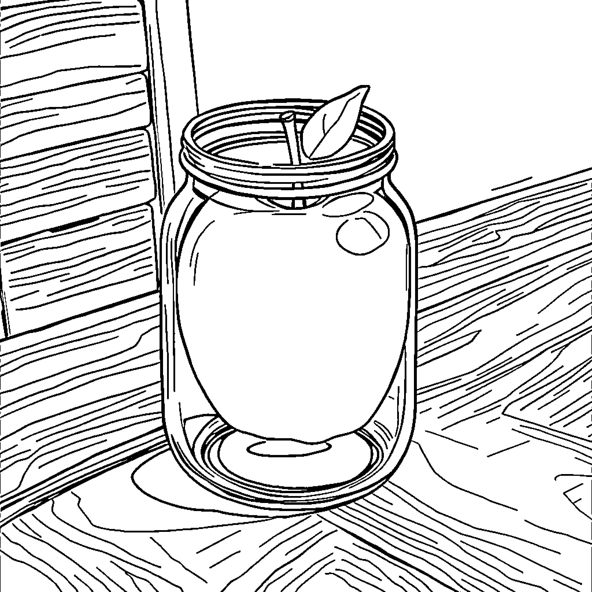 Apple in Jar with Leaf on Wooden Surface Coloring Page (free black-and-white line drawing printable PDF for all, from beginners to advanced learners, including children, teens, adults, and seniors)