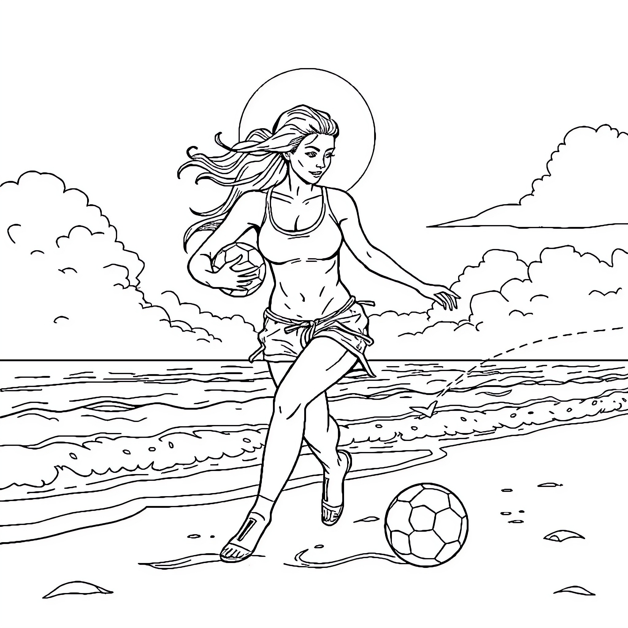 Football Player Running with Ball on Beach Coloring Page (free black-and-white line drawing printable PDF for all, from beginners to advanced learners, including children, teens, adults, and seniors)