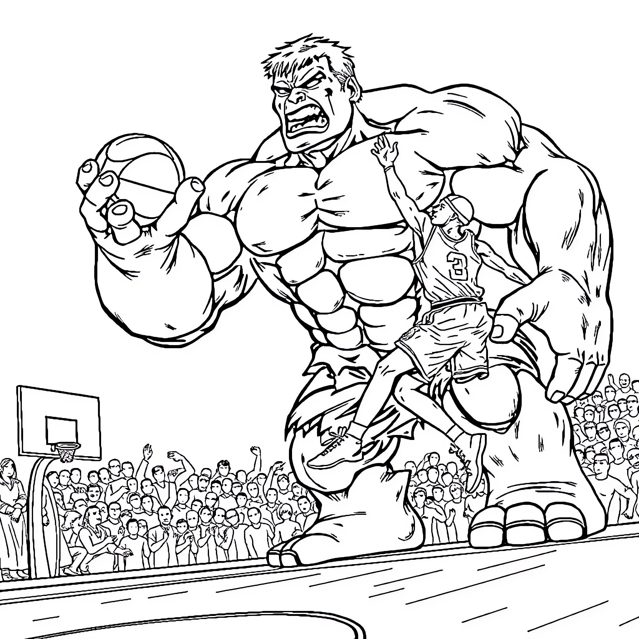 Hulk Rampages on Basketball Court Coloring Page (free black-and-white line drawing printable PDF for all, from beginners to advanced learners, including children, teens, adults, and seniors)