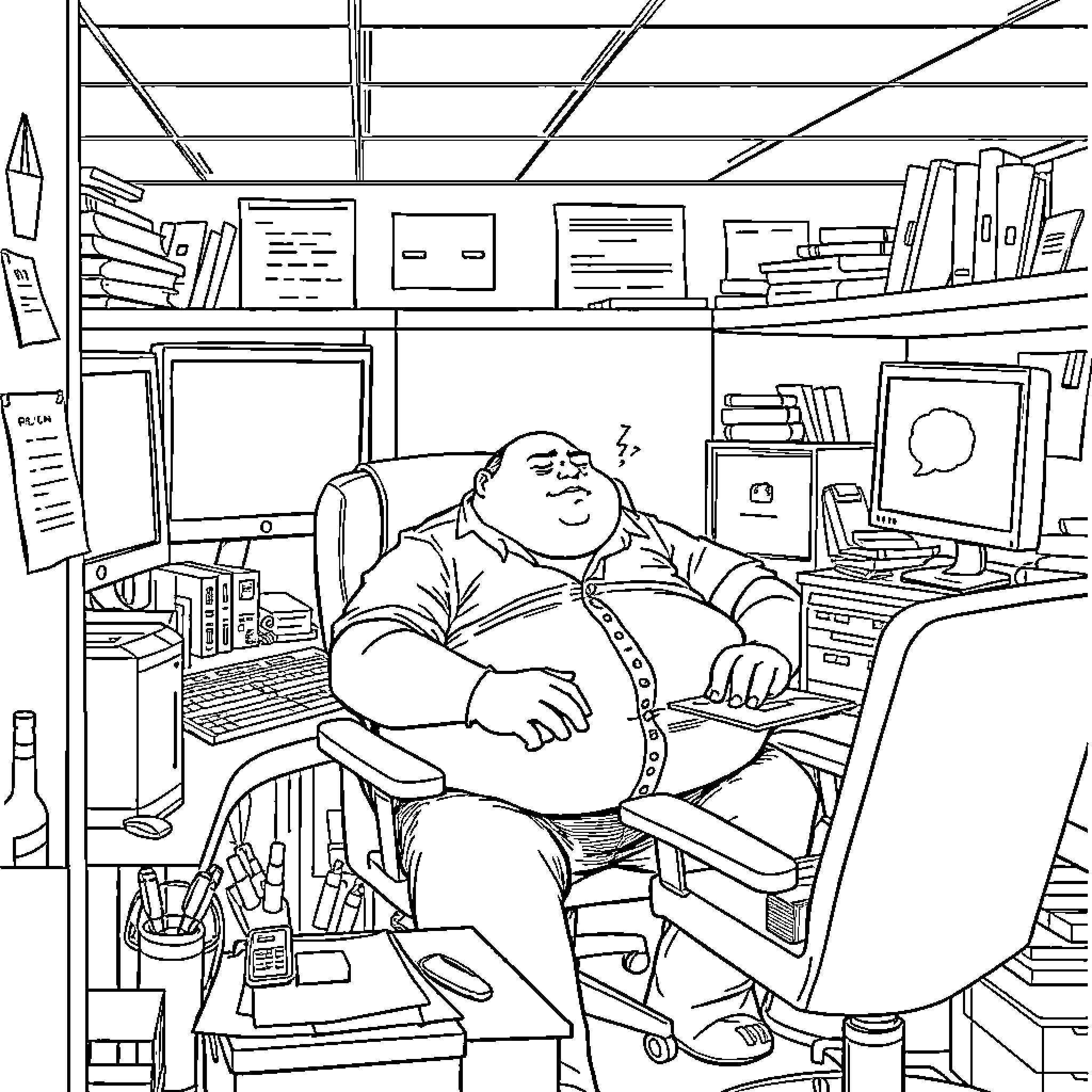 Guy dozing off at his cluttered office desk Coloring Page (free black-and-white line drawing printable PDF for all, from beginners to advanced learners, including children, teens, adults, and seniors)