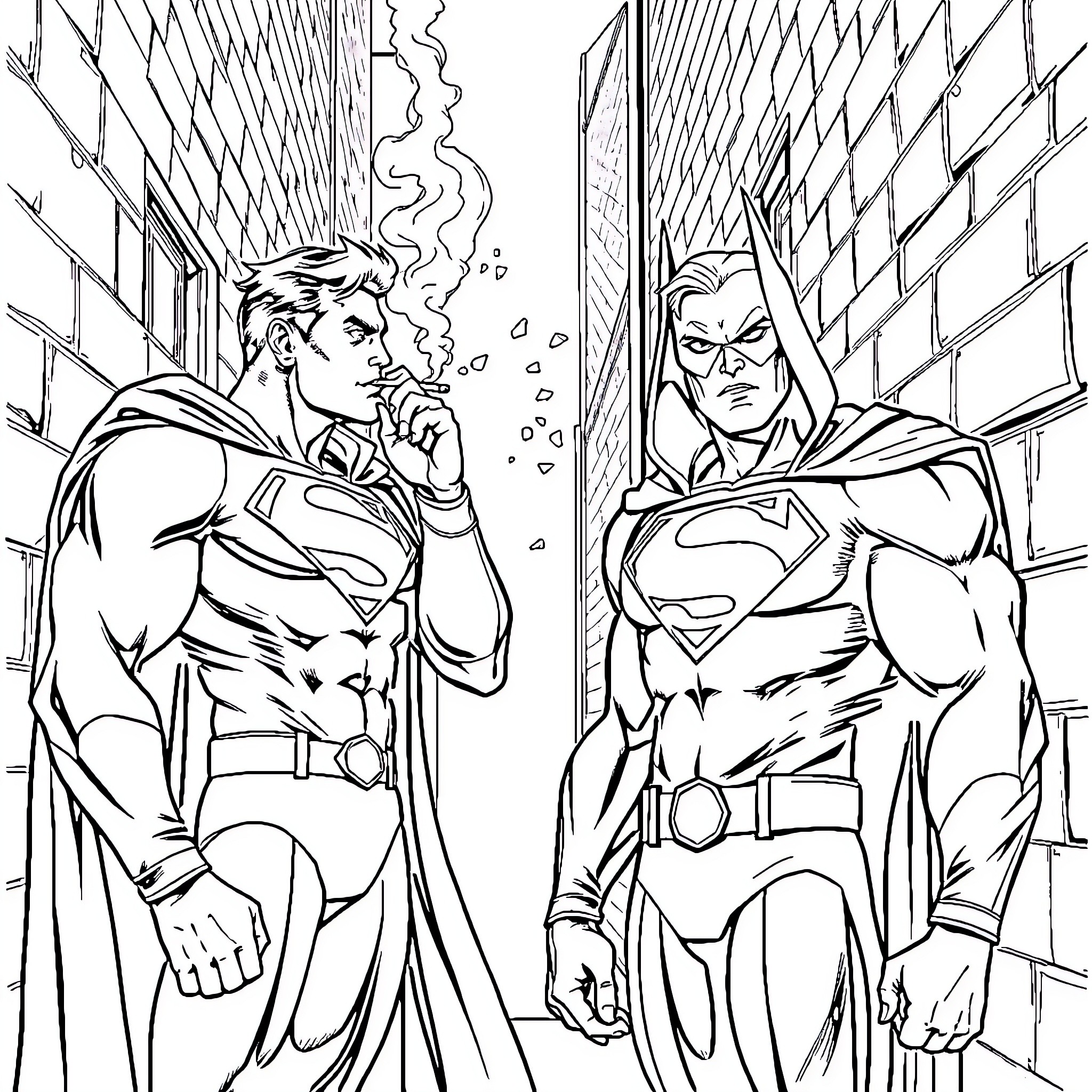 Superman's Confrontation in a Shadowy Alleyway Coloring Page (free black-and-white line drawing printable PDF for all, from beginners to advanced learners, including children, teens, adults, and seniors)