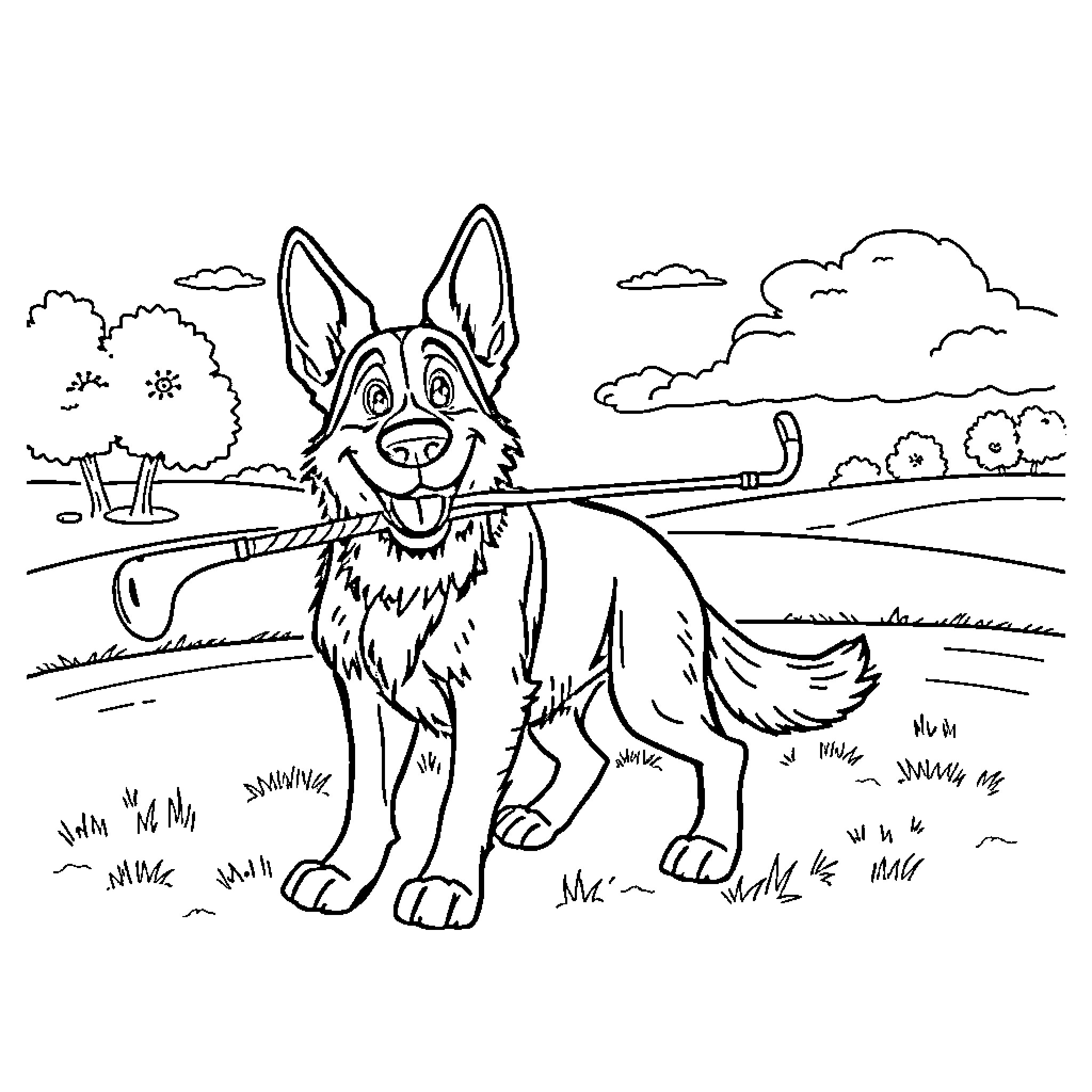 German Shepherd playing with a stick in the countryside Coloring Page (free black-and-white line drawing printable PDF for all, from beginners to advanced learners, including children, teens, adults, and seniors)