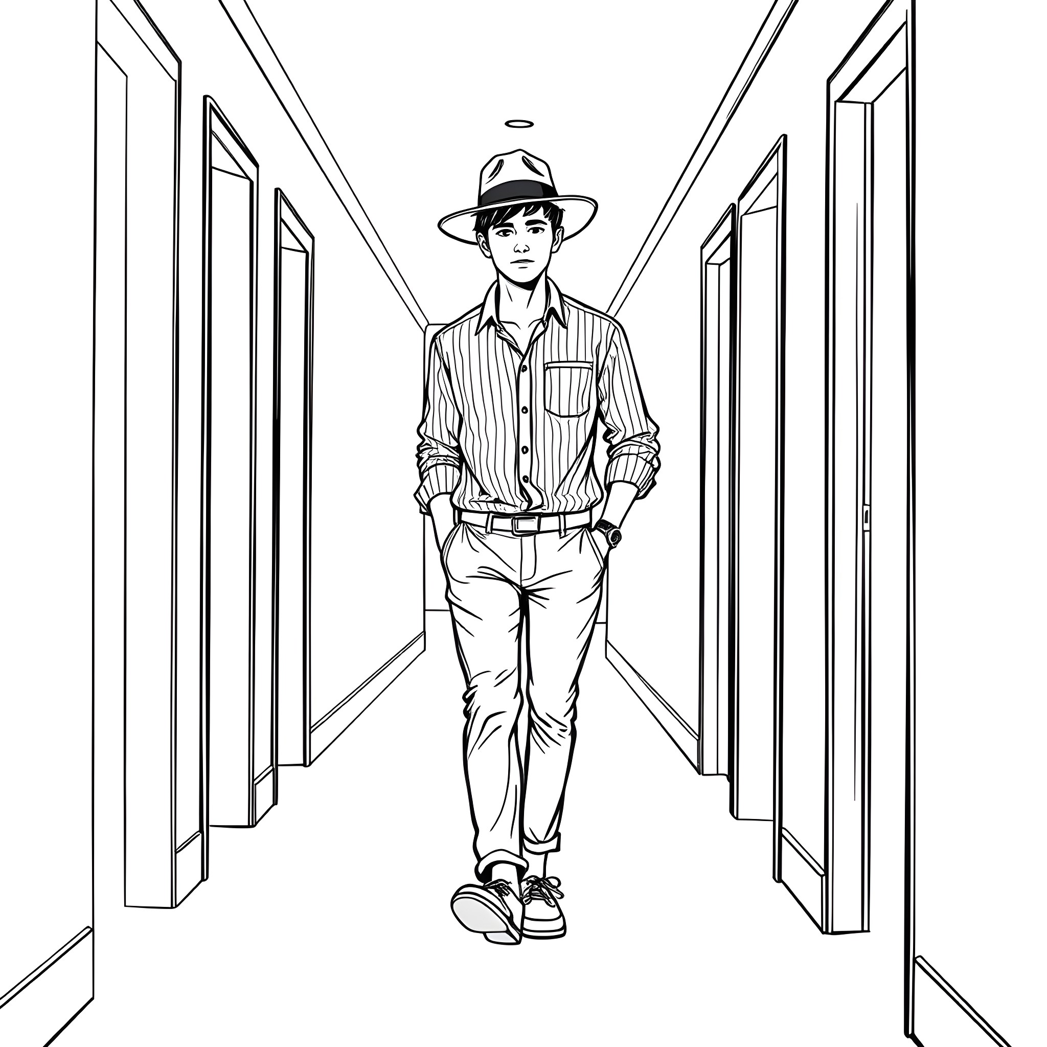 Teen Guy Walking Confidently in Hallway Coloring Page (free black-and-white line drawing printable PDF for all, from beginners to advanced learners, including children, teens, adults, and seniors)