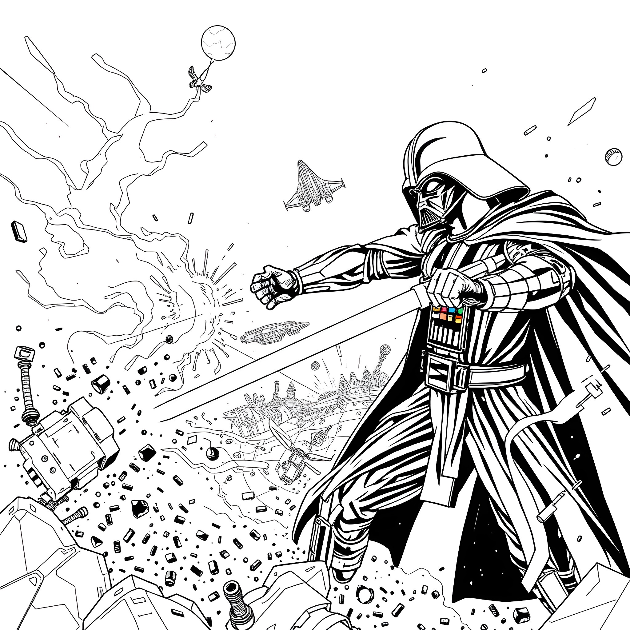 Darth Maul's Destructive Rampage in Chaos Coloring Page (free black-and-white line drawing printable PDF for all, from beginners to advanced learners, including children, teens, adults, and seniors)