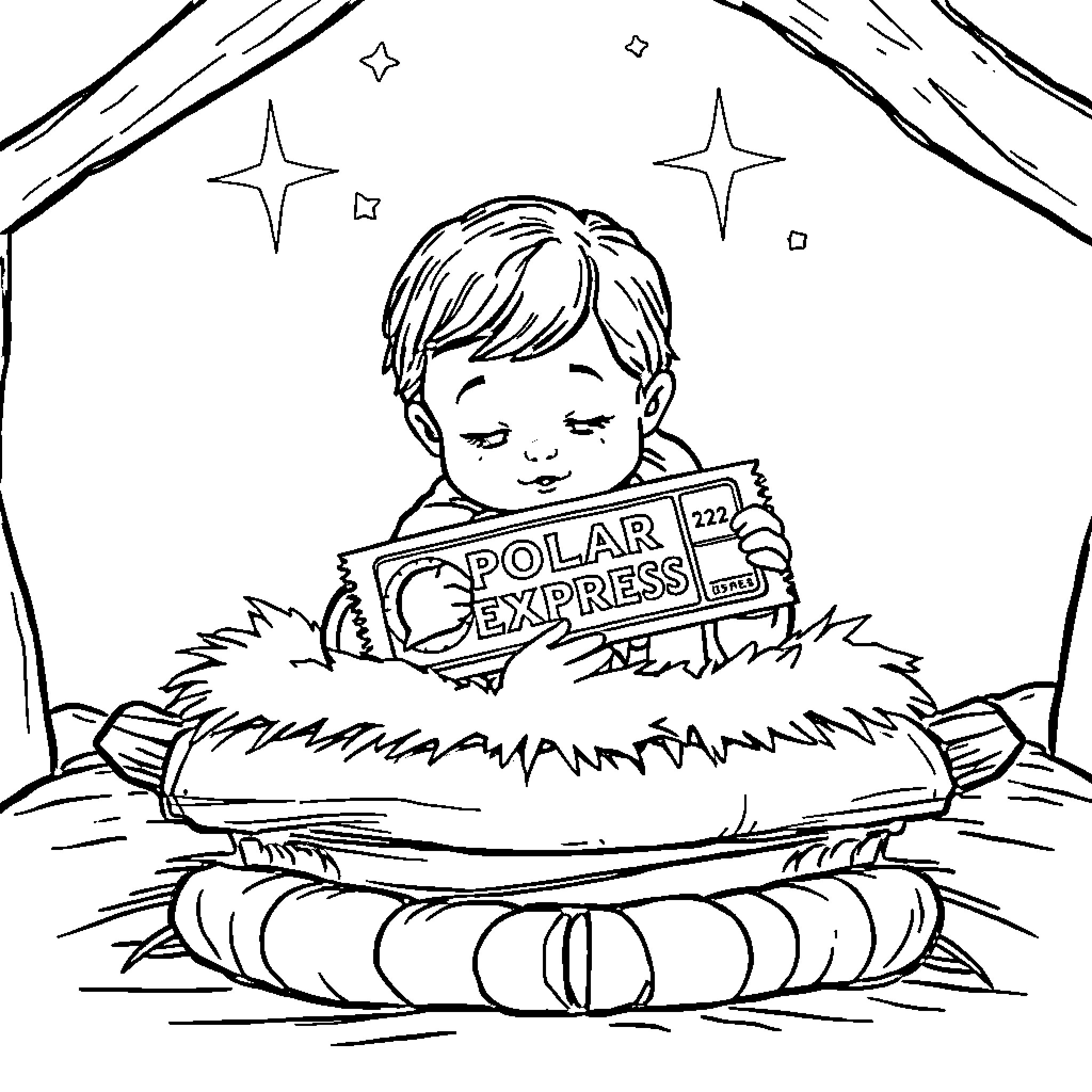 Baby Jesus reading Polar Express book in the manger Coloring Page (free black-and-white line drawing printable PDF for all, from beginners to advanced learners, including children, teens, adults, and seniors)