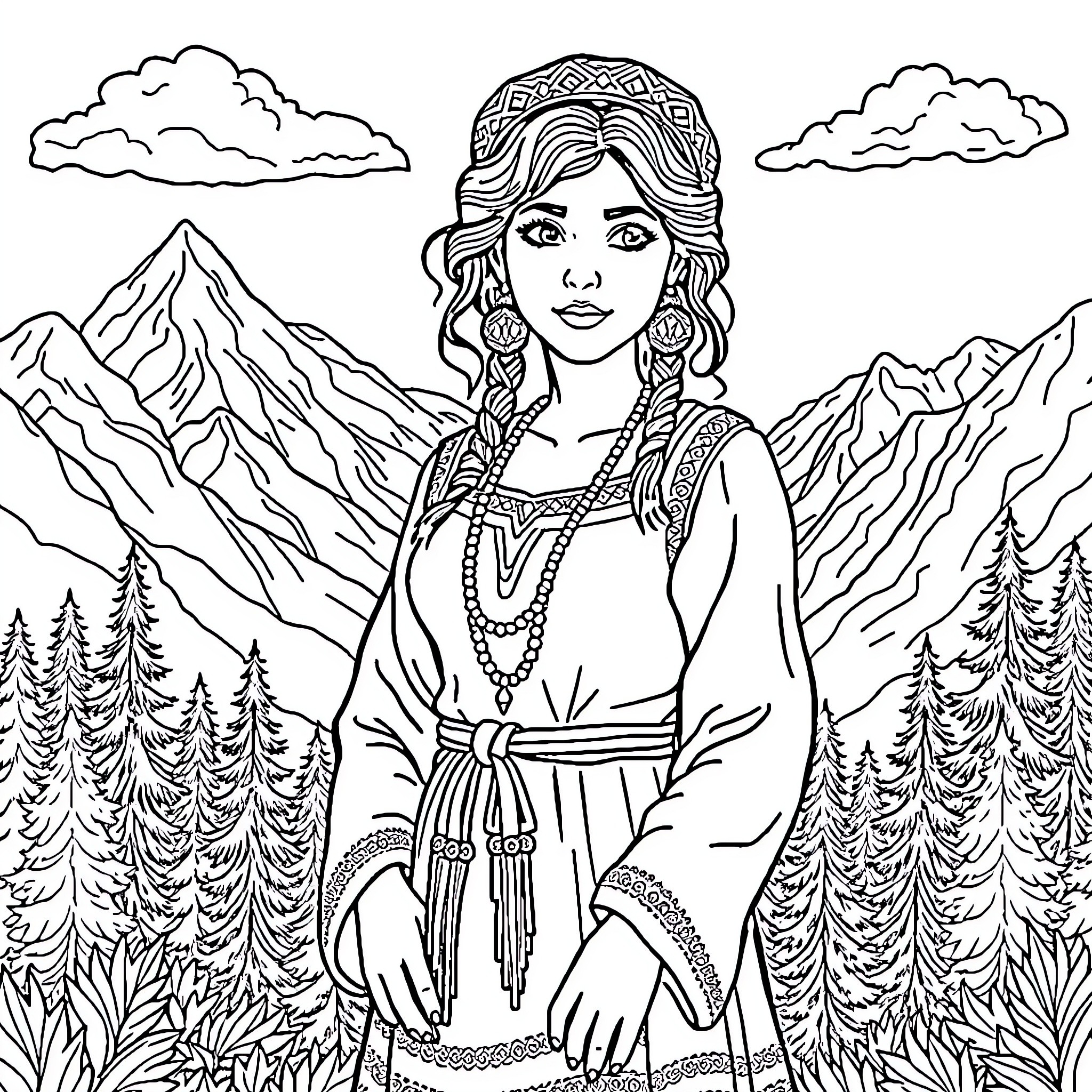 Snow White in a Snowy Mountain Landscape Coloring Page (free black-and-white line drawing printable PDF for all, from beginners to advanced learners, including children, teens, adults, and seniors)