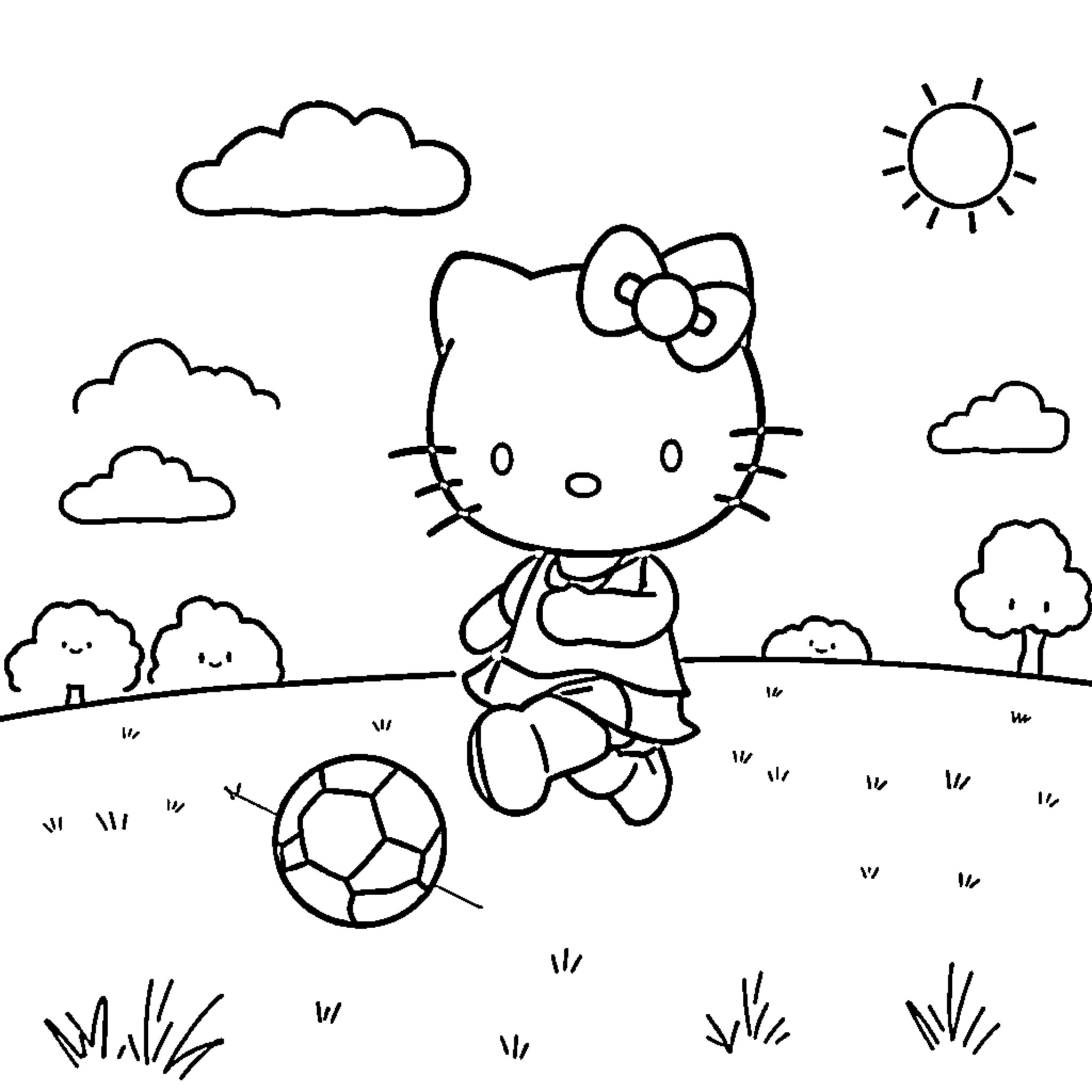 Hello Kitty playing with soccer ball in the park Coloring Page (free black-and-white line drawing printable PDF for all, from beginners to advanced learners, including children, teens, adults, and seniors)