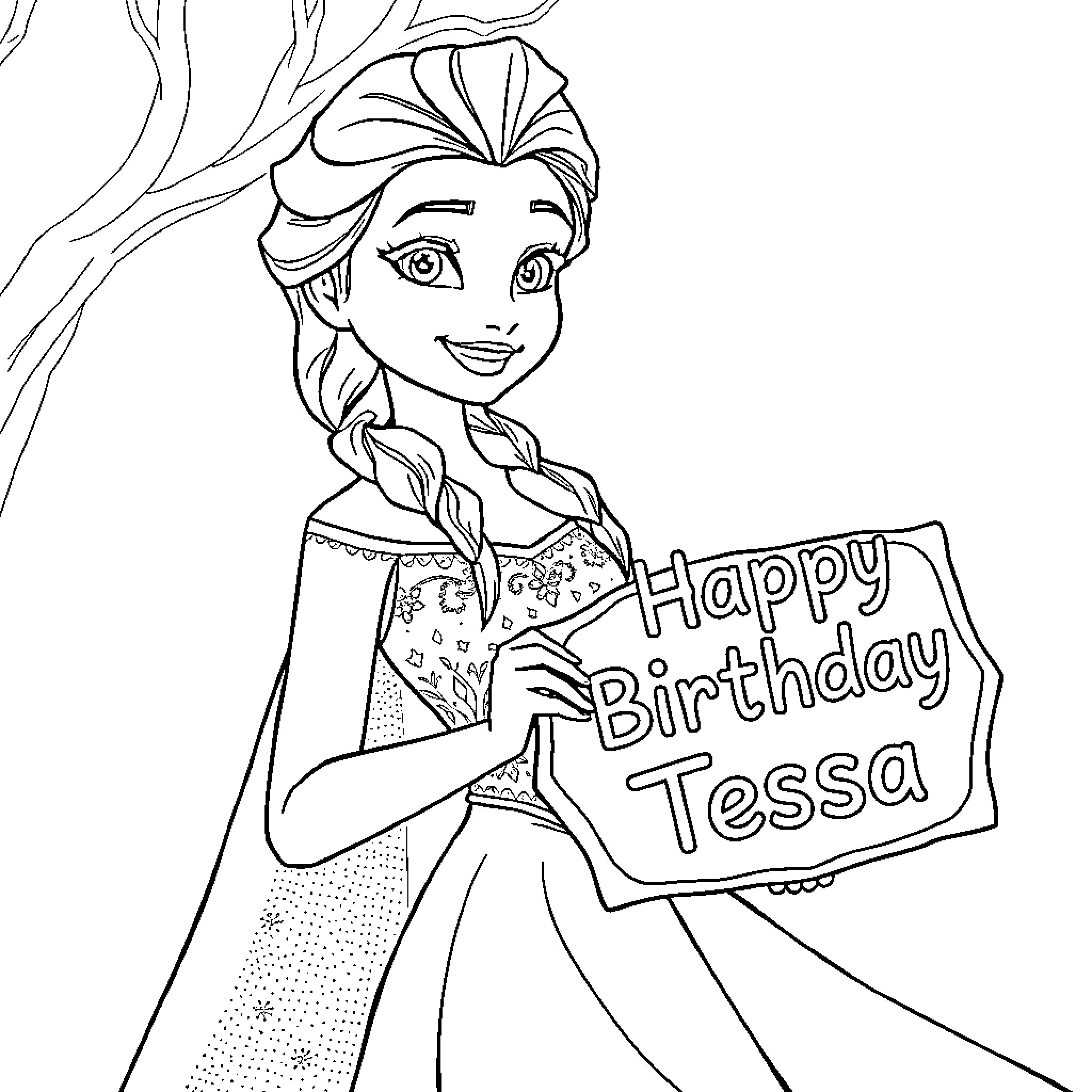 Elsa celebrating a happy birthday Coloring Page (free black-and-white line drawing printable PDF for all, from beginners to advanced learners, including children, teens, adults, and seniors)