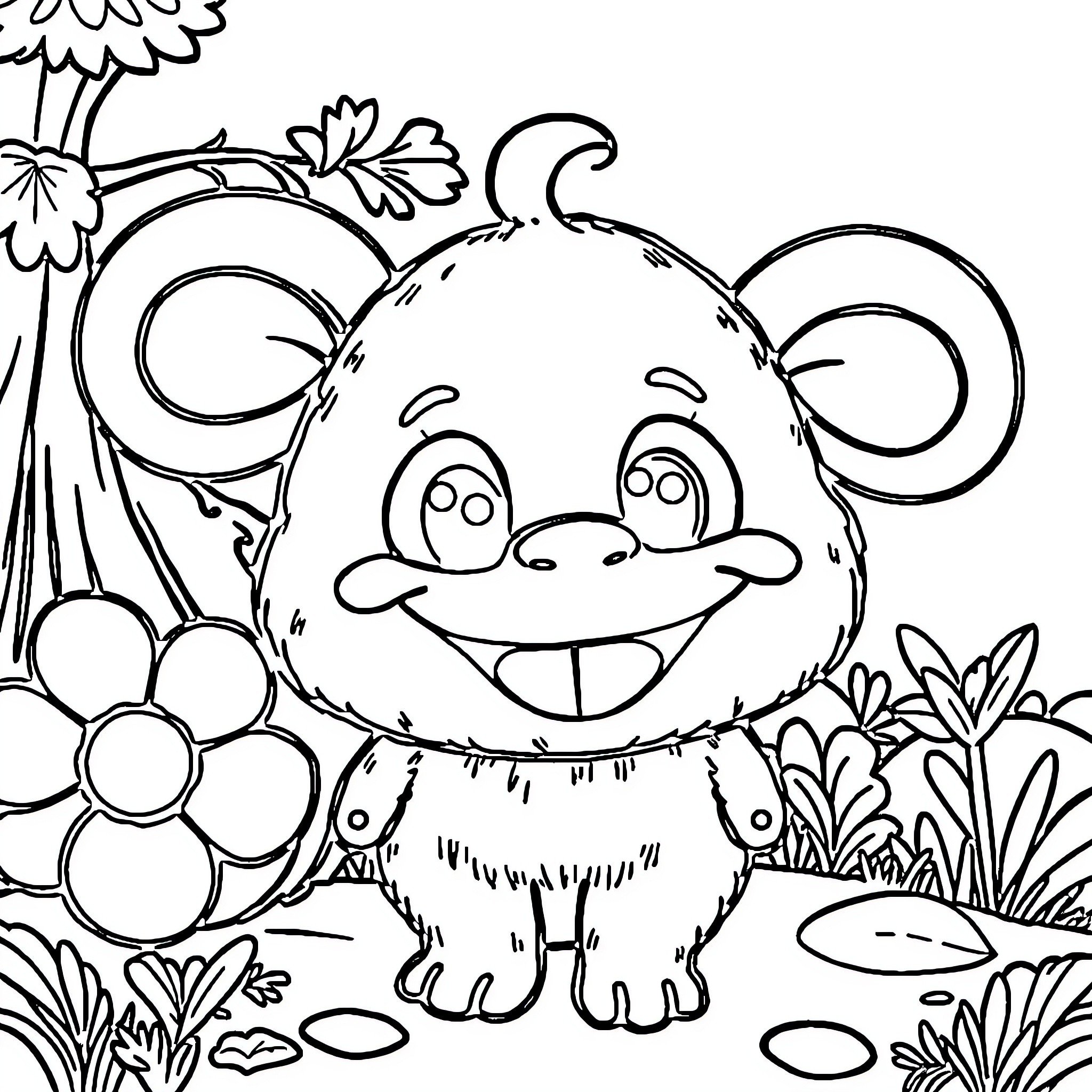 Labubu's playful adventure in the garden Coloring Page (free black-and-white line drawing printable PDF for all, from beginners to advanced learners, including children, teens, adults, and seniors)