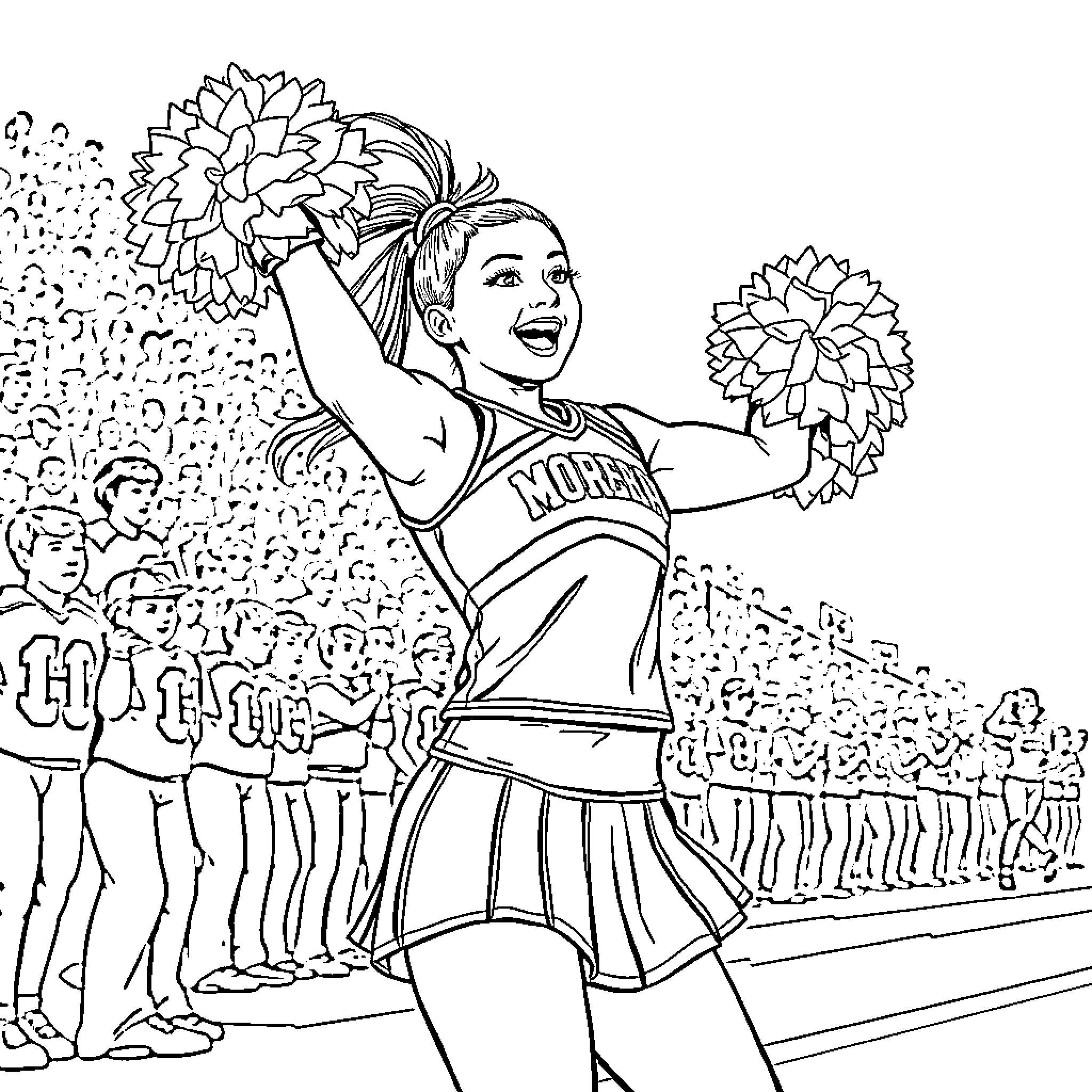 Cheerleader performing on field with pom-poms Coloring Page (free black-and-white line drawing printable PDF for all, from beginners to advanced learners, including children, teens, adults, and seniors)