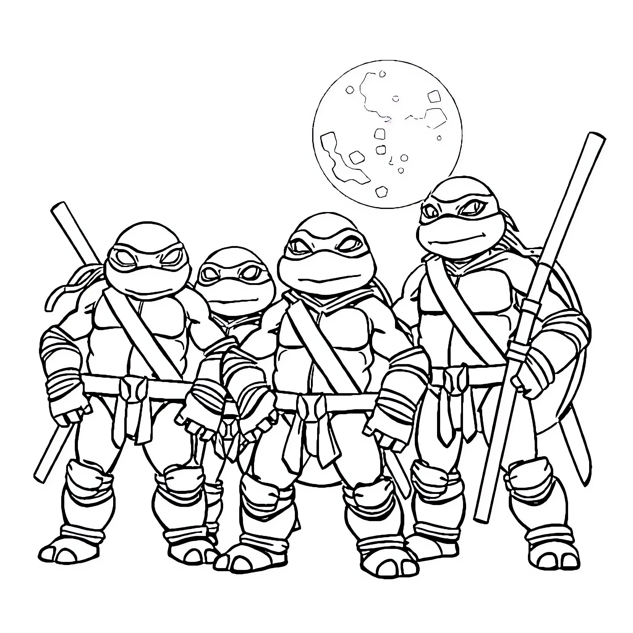 Ninja Turtles posing together under the moon Coloring Page (free black-and-white line drawing printable PDF for all, from beginners to advanced learners, including children, teens, adults, and seniors)