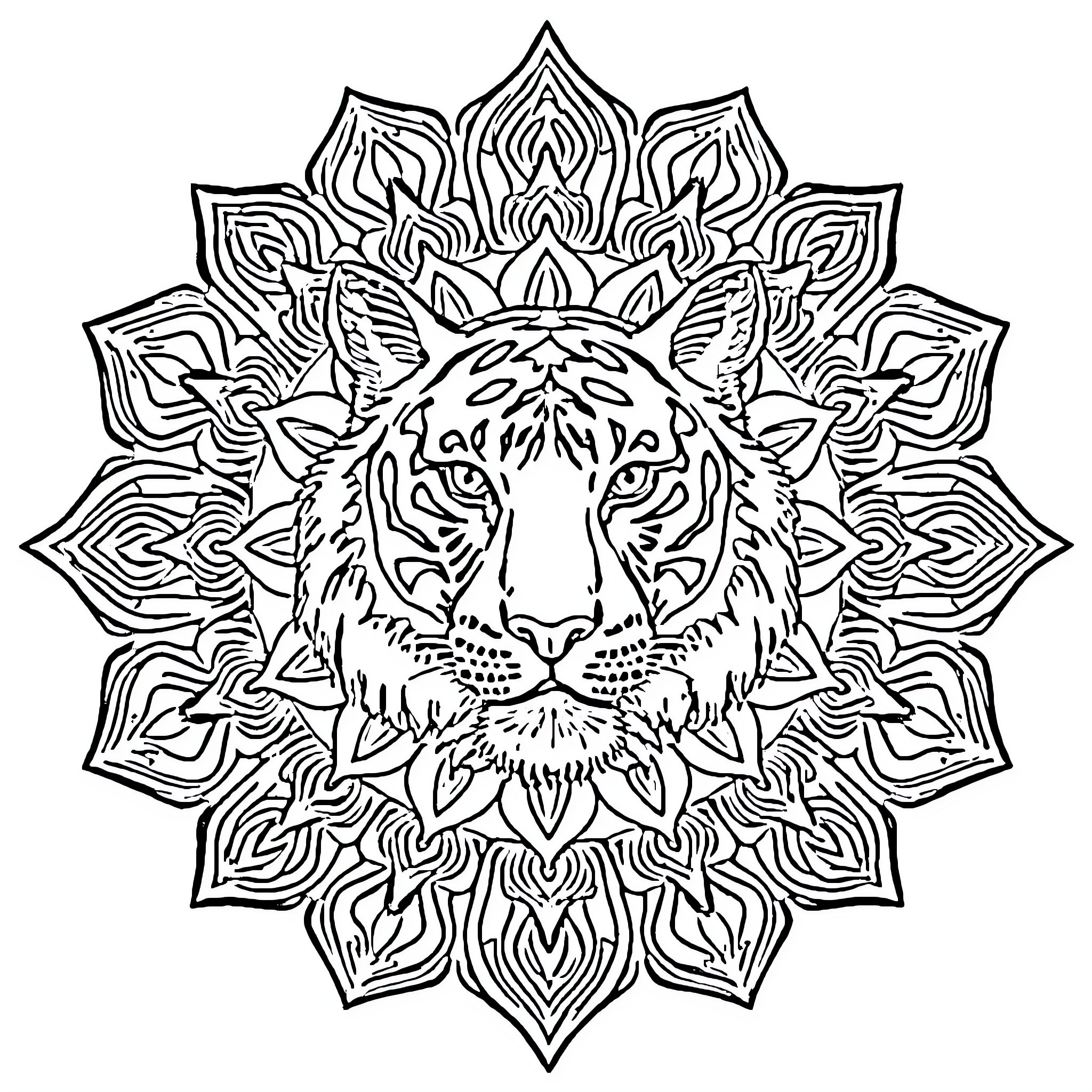 Tiger in Ornate Mandala Design Coloring Page (free black-and-white line drawing printable PDF for all, from beginners to advanced learners, including children, teens, adults, and seniors)