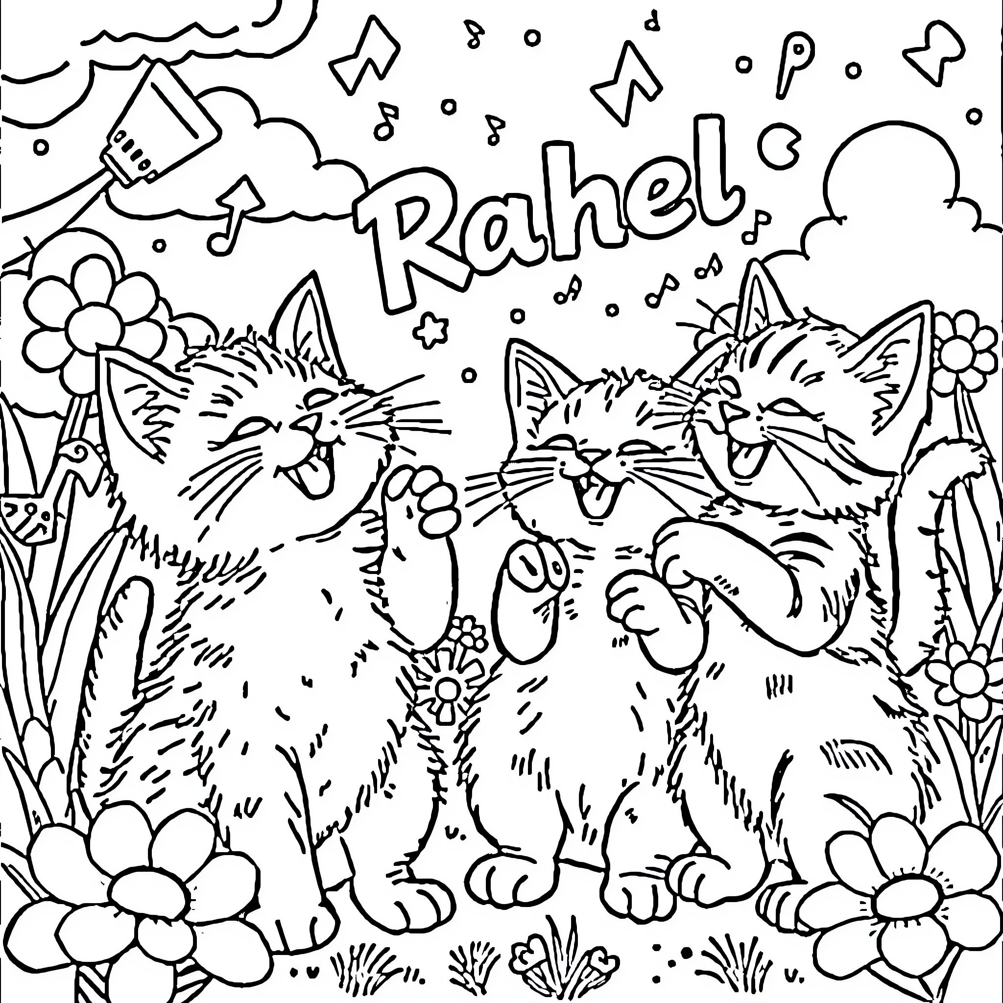 Kitty friends enjoying a playful day Coloring Page (free black-and-white line drawing printable PDF for all, from beginners to advanced learners, including children, teens, adults, and seniors)