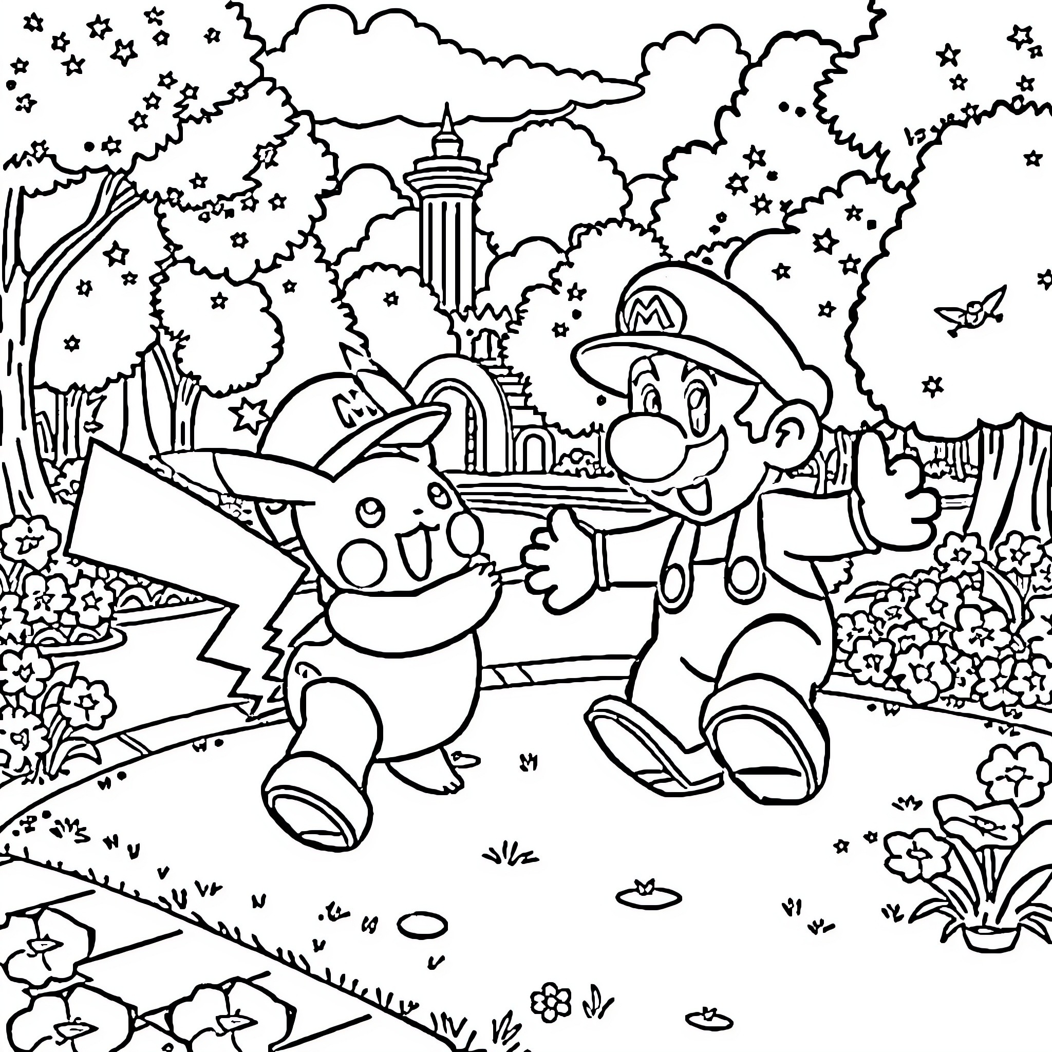 Mario and Pikachu adventure in the magical forest Coloring Page (free black-and-white line drawing printable PDF for all, from beginners to advanced learners, including children, teens, adults, and seniors)