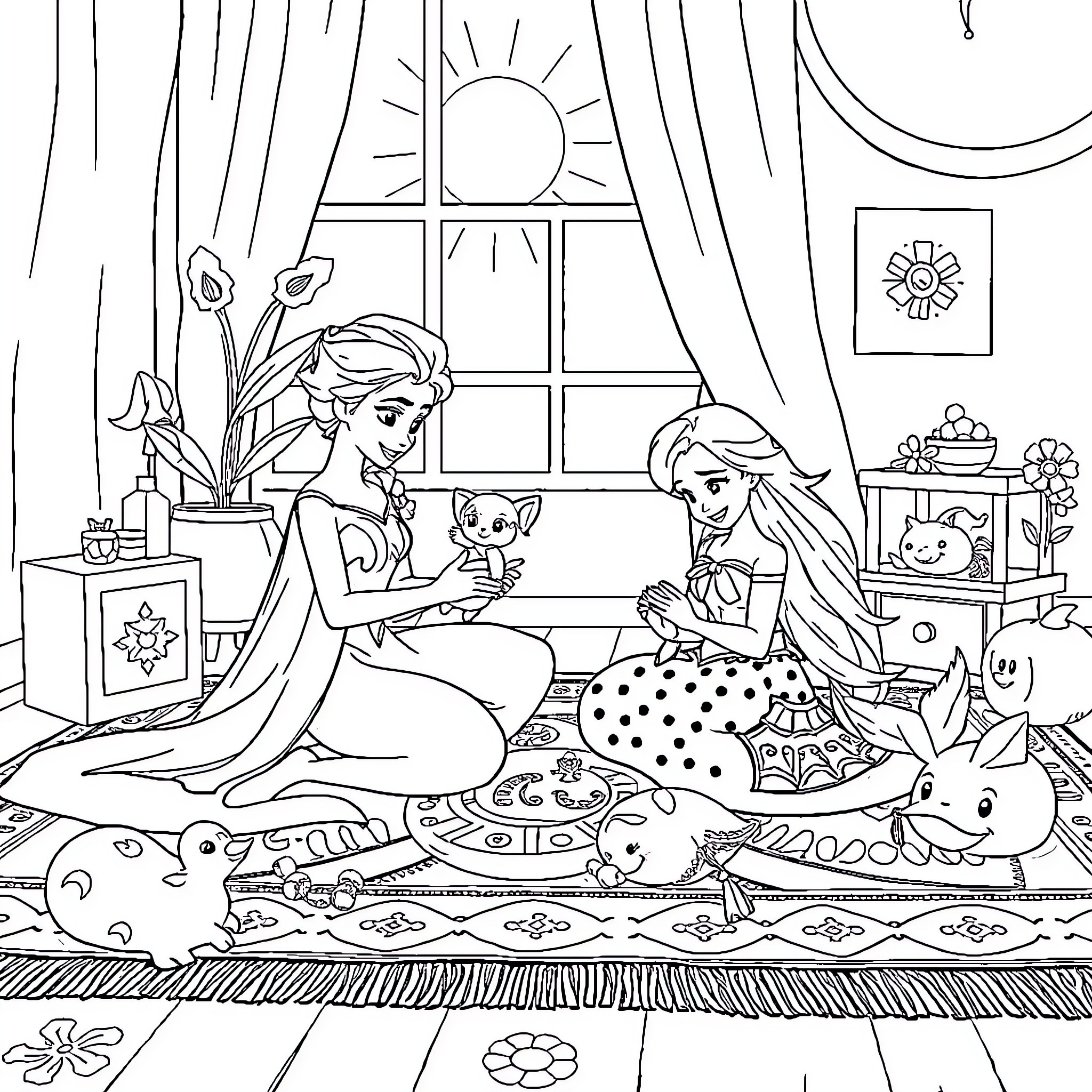 Elsa and Anna enjoying a cozy day at home Coloring Page (free black-and-white line drawing printable PDF for all, from beginners to advanced learners, including children, teens, adults, and seniors)
