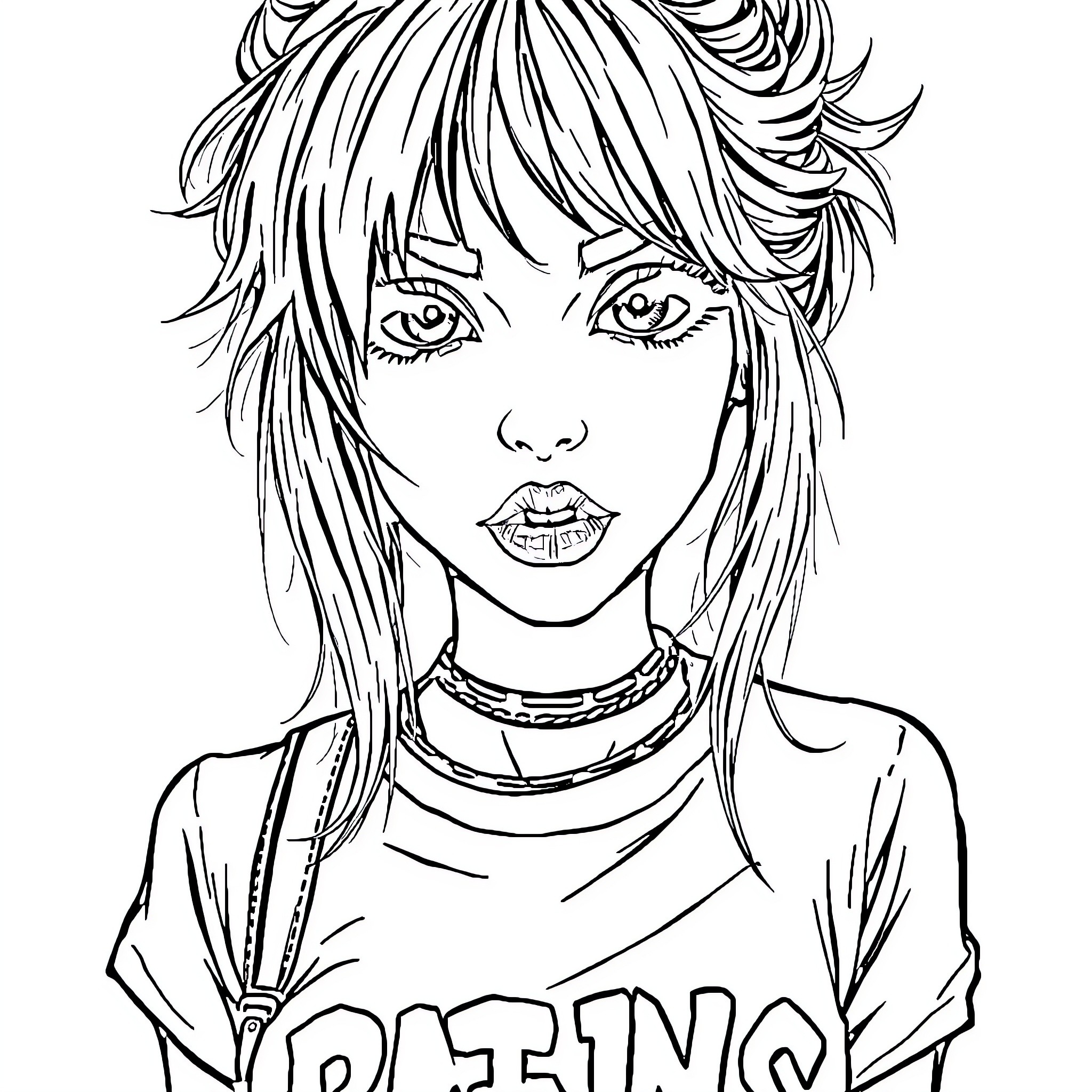 Girl with Expressive Face and Stylish Outfit Coloring Page (free black-and-white line drawing printable PDF for all, from beginners to advanced learners, including children, teens, adults, and seniors)