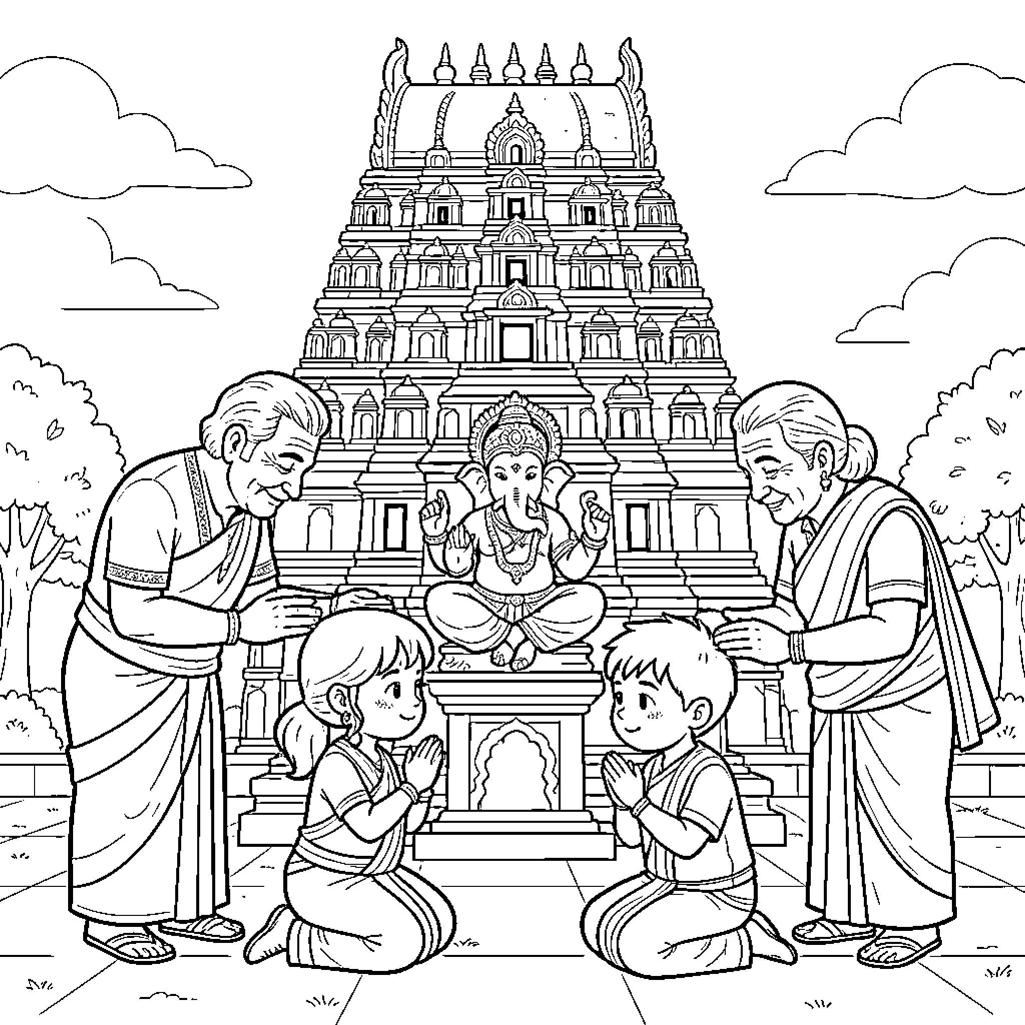 Baby family praying together in front of a temple Coloring Page (free black-and-white line drawing printable PDF for all, from beginners to advanced learners, including children, teens, adults, and seniors)