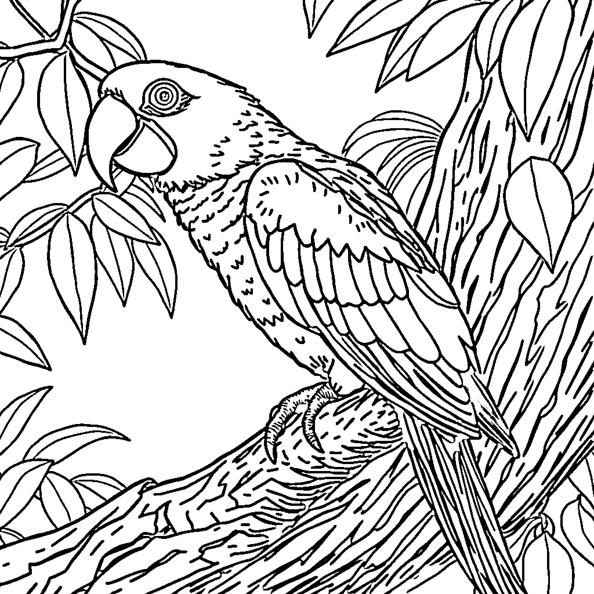 Parrot perched in tropical foliage Coloring Page (free black-and-white line drawing printable PDF for all, from beginners to advanced learners, including children, teens, adults, and seniors)