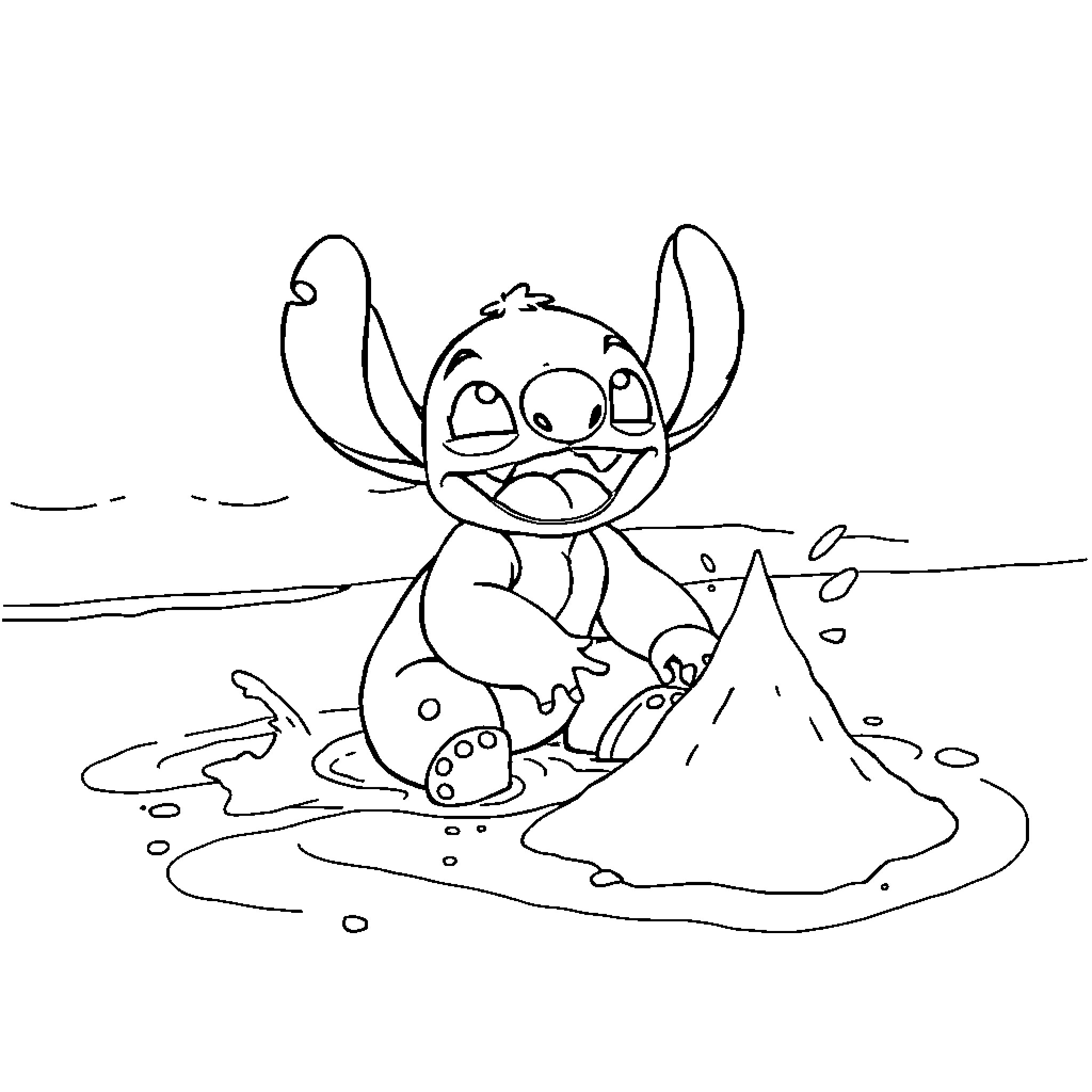 Stitch playing in a puddle with a mountain Coloring Page (free black-and-white line drawing printable PDF for all, from beginners to advanced learners, including children, teens, adults, and seniors)