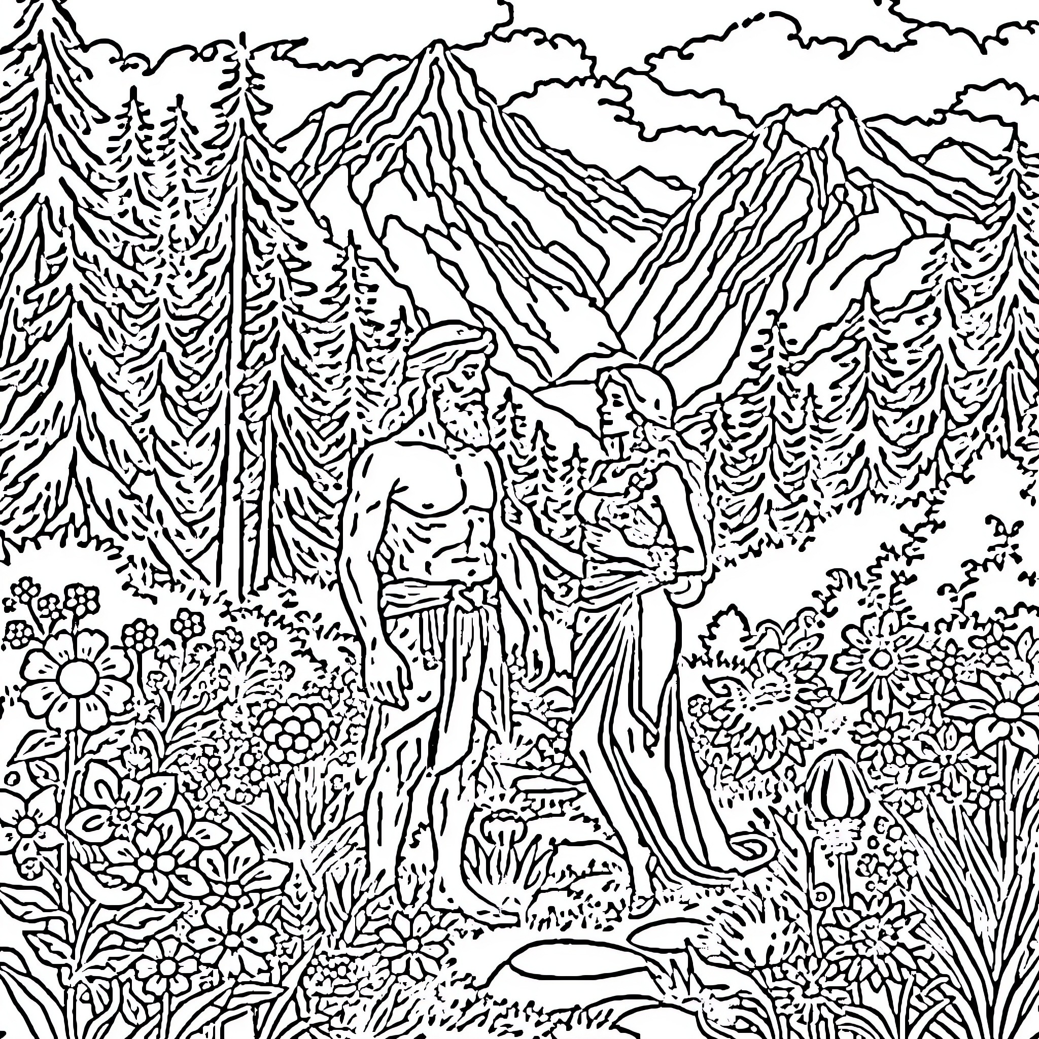 Adam and Eve in the Garden of Eden Coloring Page (free black-and-white line drawing printable PDF for all, from beginners to advanced learners, including children, teens, adults, and seniors)