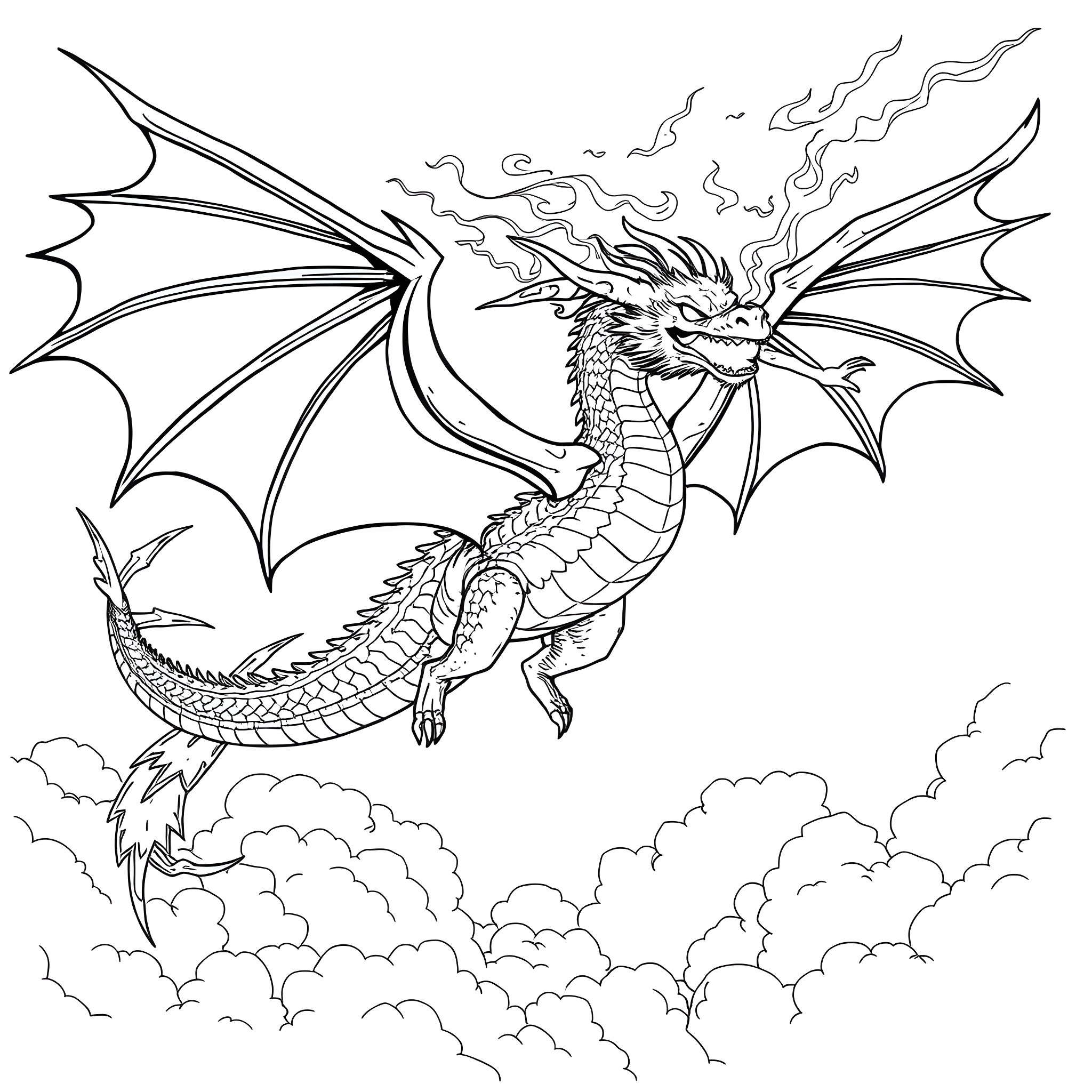 Dragon soaring through the clouds with fiery wings Coloring Page (free black-and-white line drawing printable PDF for all, from beginners to advanced learners, including children, teens, adults, and seniors)