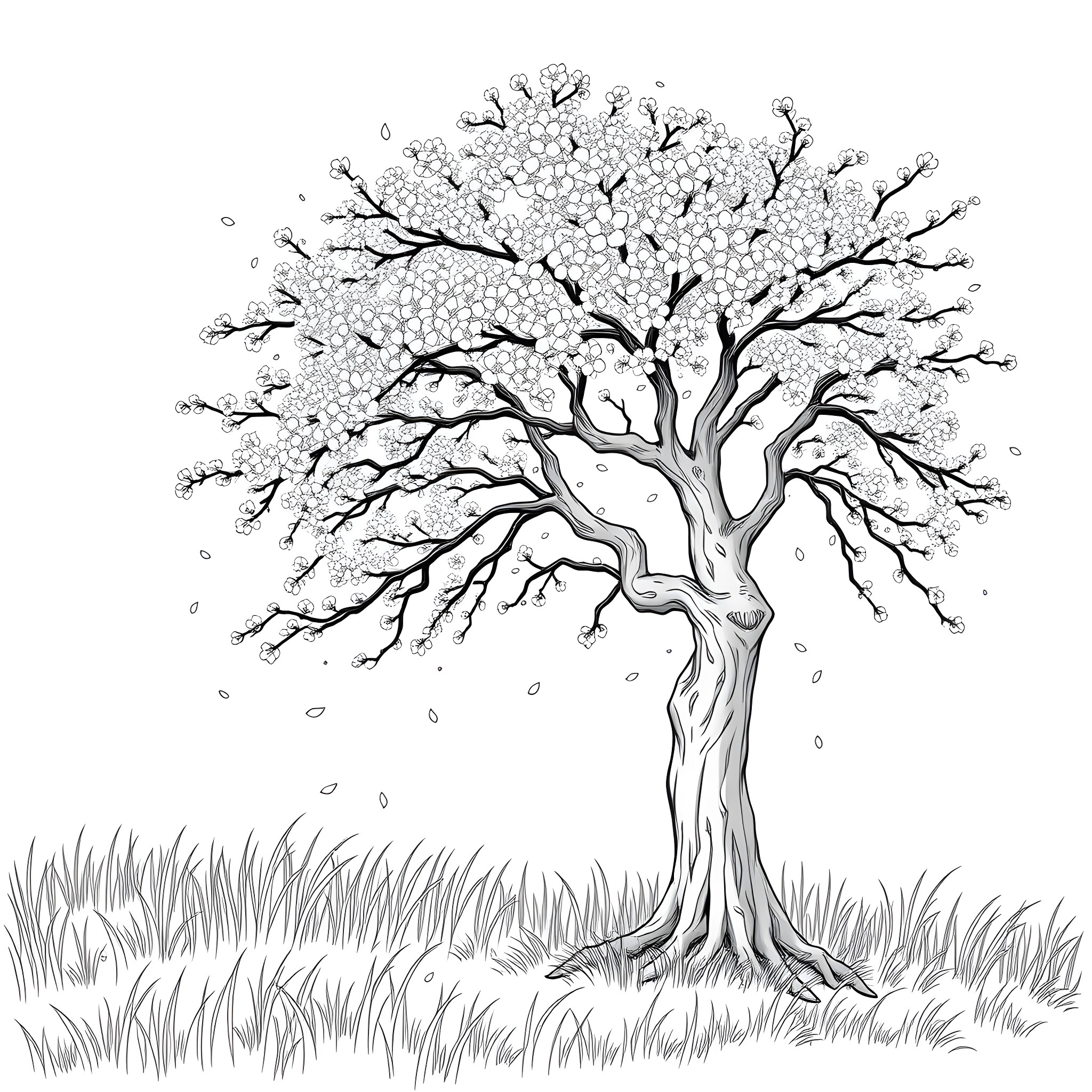 Sakura Tree in Full Bloom on Grassy Field Coloring Page (free black-and-white line drawing printable PDF for all, from beginners to advanced learners, including children, teens, adults, and seniors)