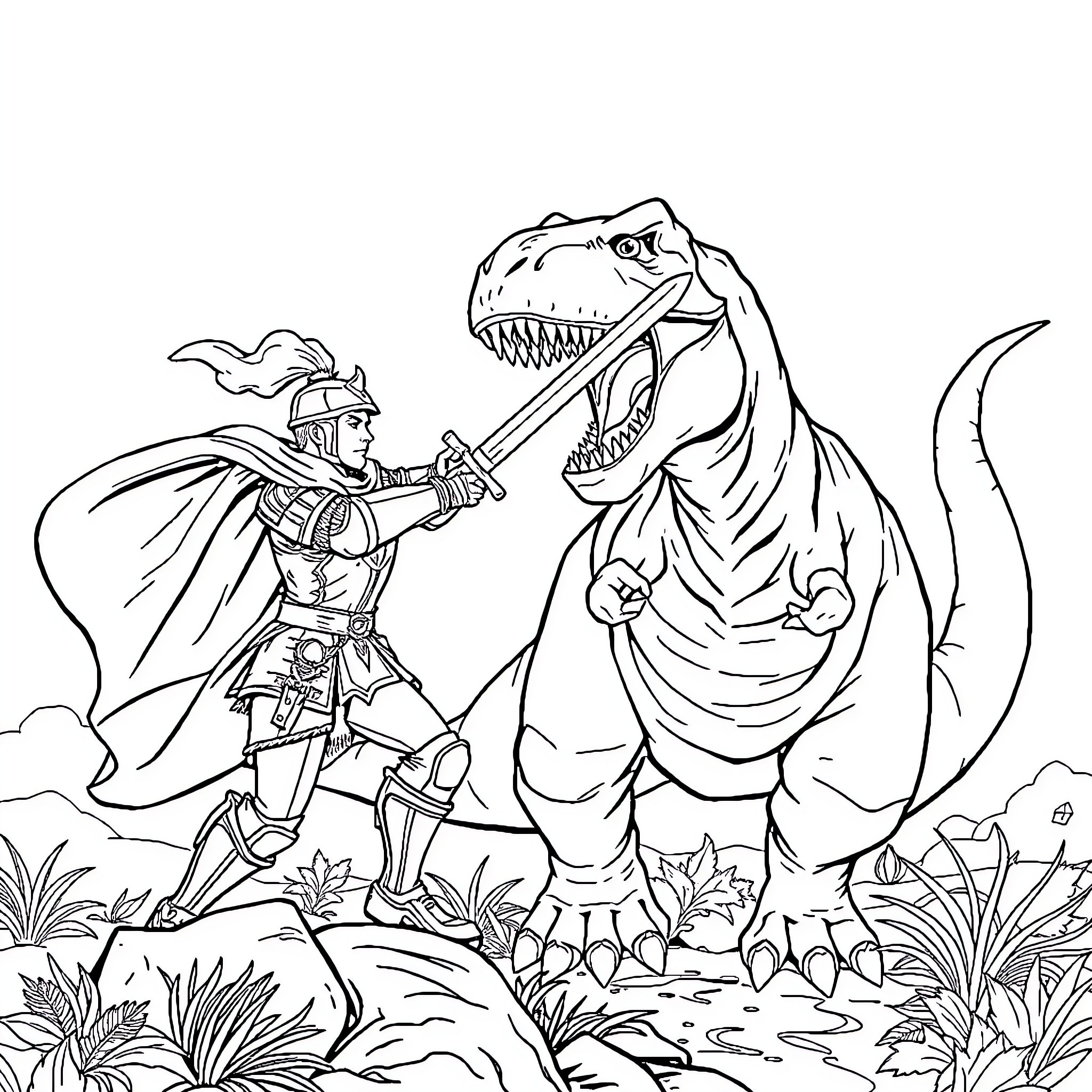 Knight Battles Ferocious Dragon in Rugged Terrain Coloring Page (free black-and-white line drawing printable PDF for all, from beginners to advanced learners, including children, teens, adults, and seniors)