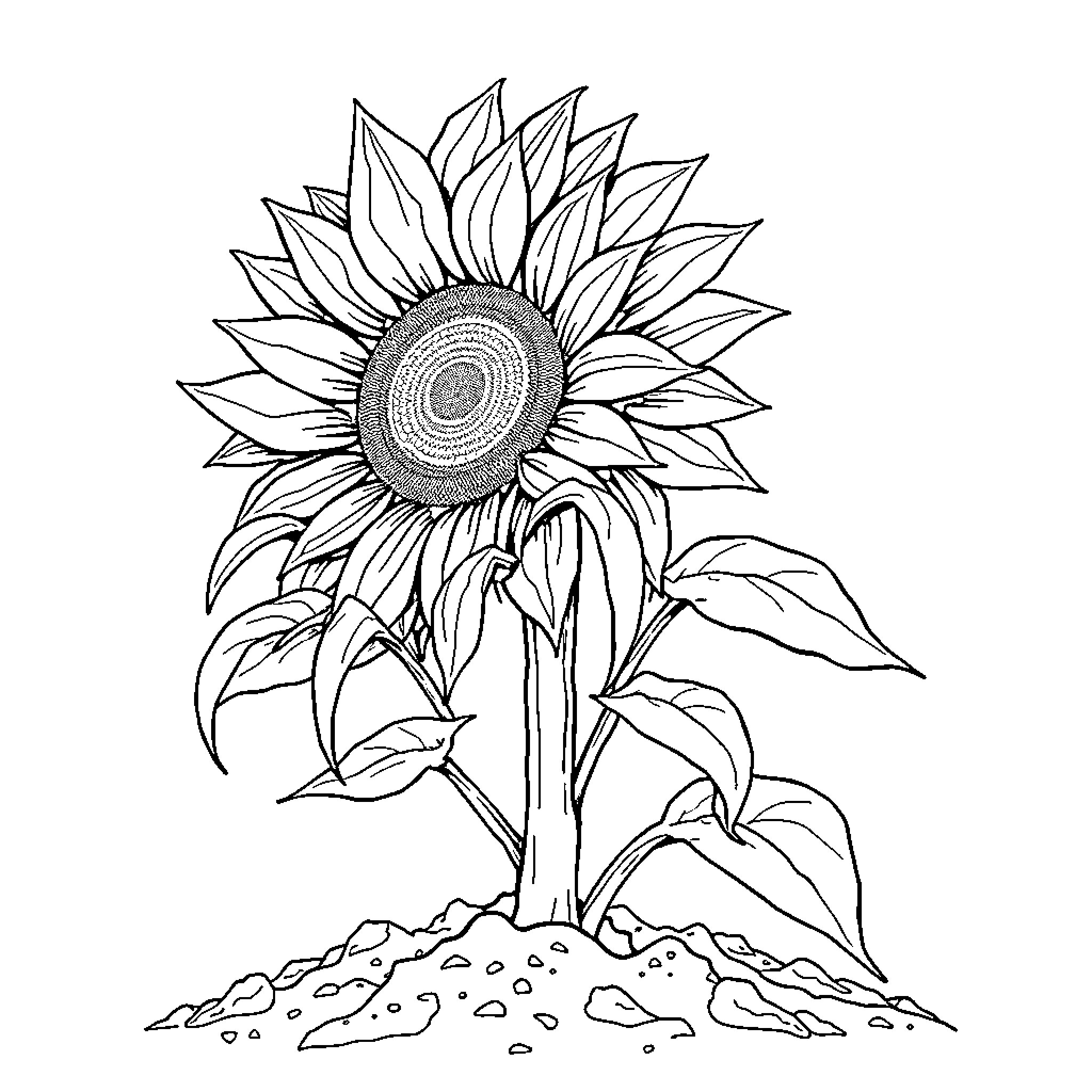Sunflower in full bloom on rocky terrain Coloring Page (free black-and-white line drawing printable PDF for all, from beginners to advanced learners, including children, teens, adults, and seniors)