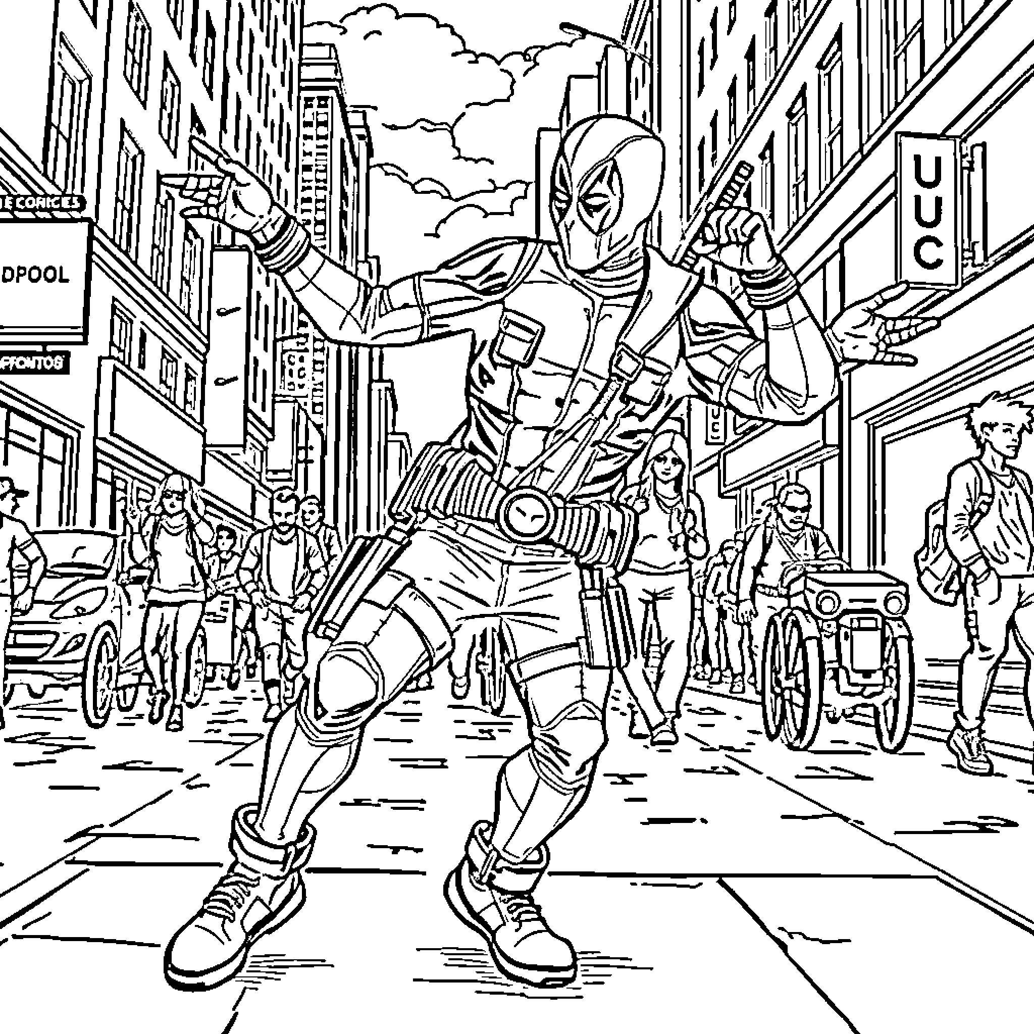 Deadpool takes charge in the urban streets Coloring Page (free black-and-white line drawing printable PDF for all, from beginners to advanced learners, including children, teens, adults, and seniors)