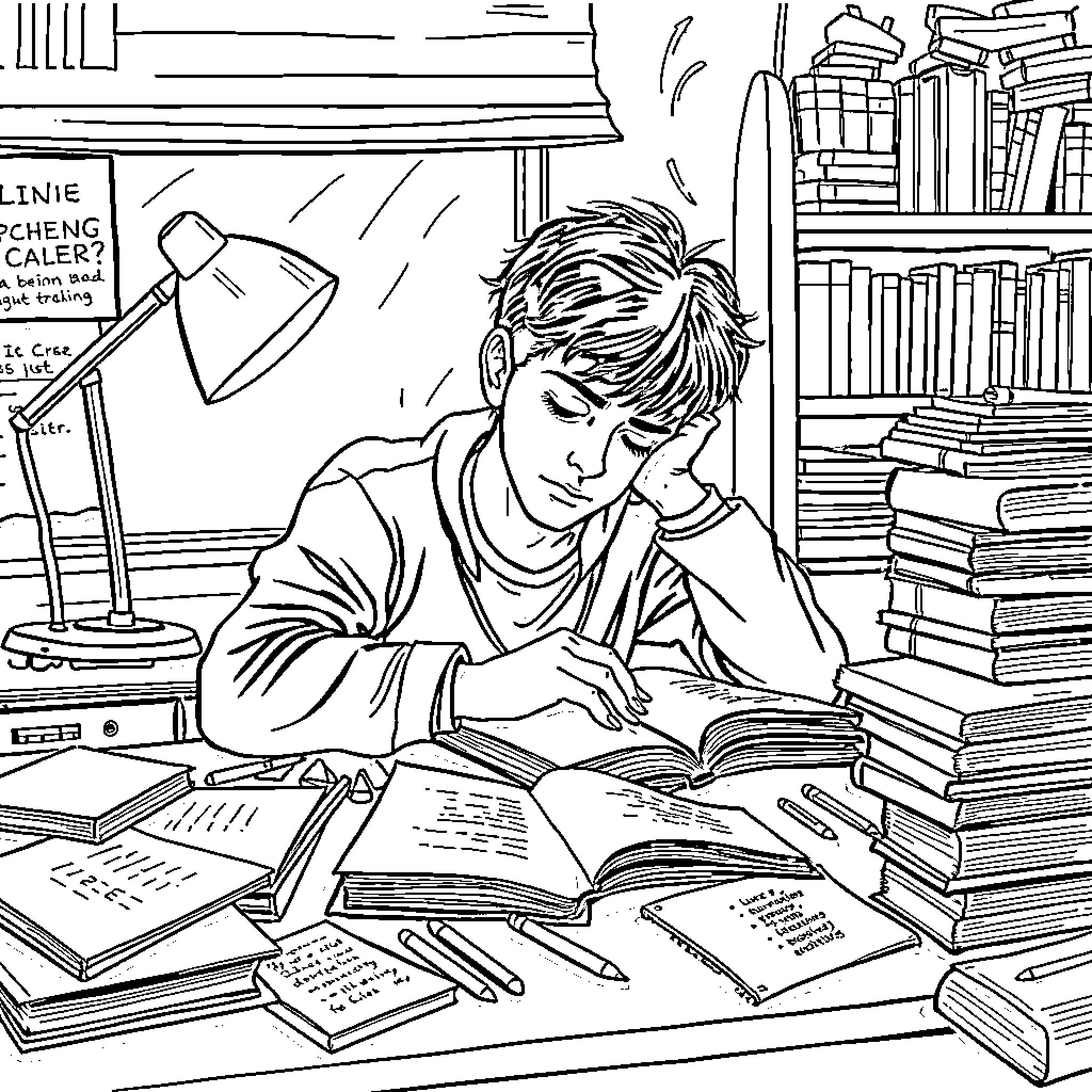 Teenager studiously reading books in a library Coloring Page (free black-and-white line drawing printable PDF for all, from beginners to advanced learners, including children, teens, adults, and seniors)