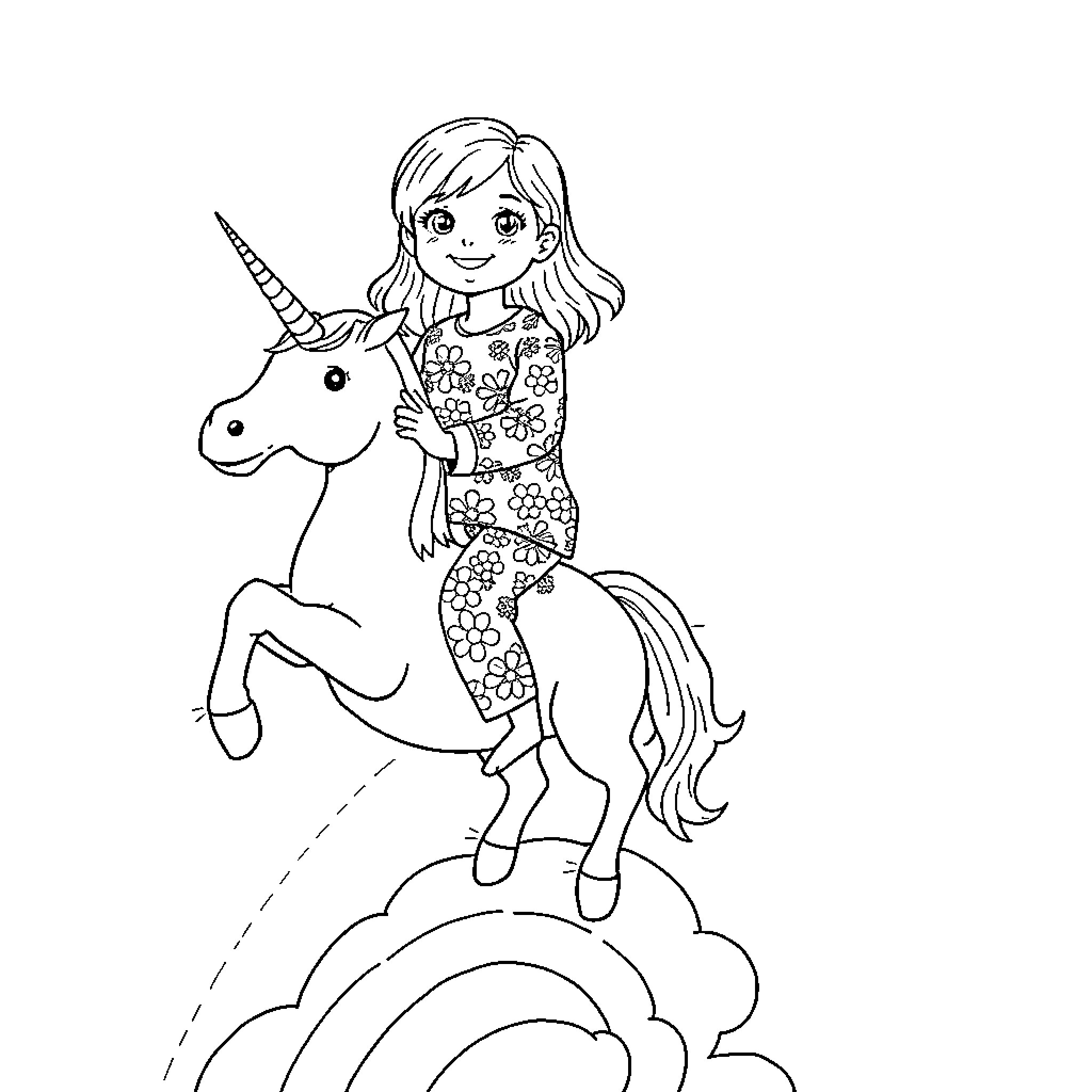 Unicorn riding with a girl in a floral dress Coloring Page (free black-and-white line drawing printable PDF for all, from beginners to advanced learners, including children, teens, adults, and seniors)