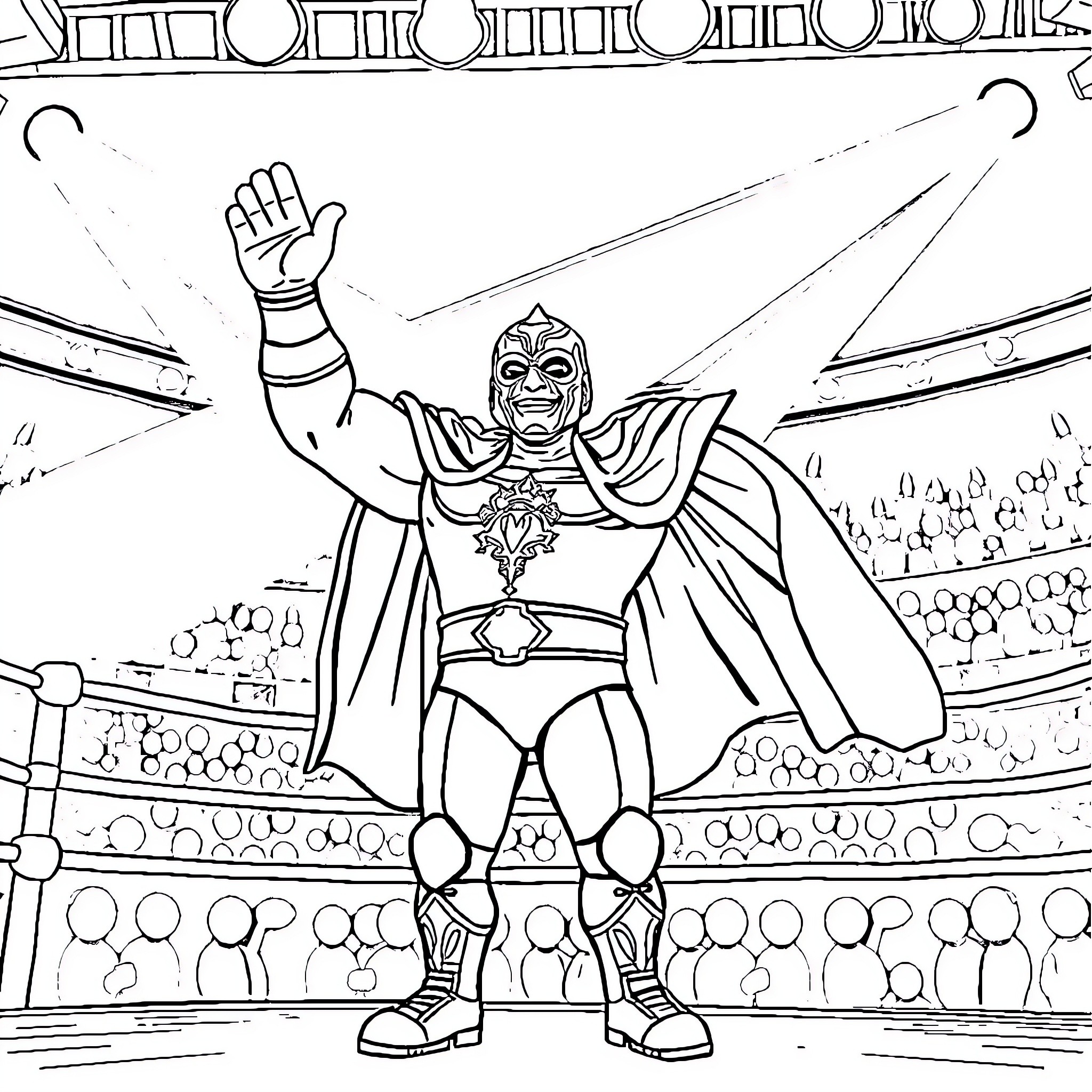 Luchador wrestler striking a confident pose in the ring Coloring Page (free black-and-white line drawing printable PDF for all, from beginners to advanced learners, including children, teens, adults, and seniors)