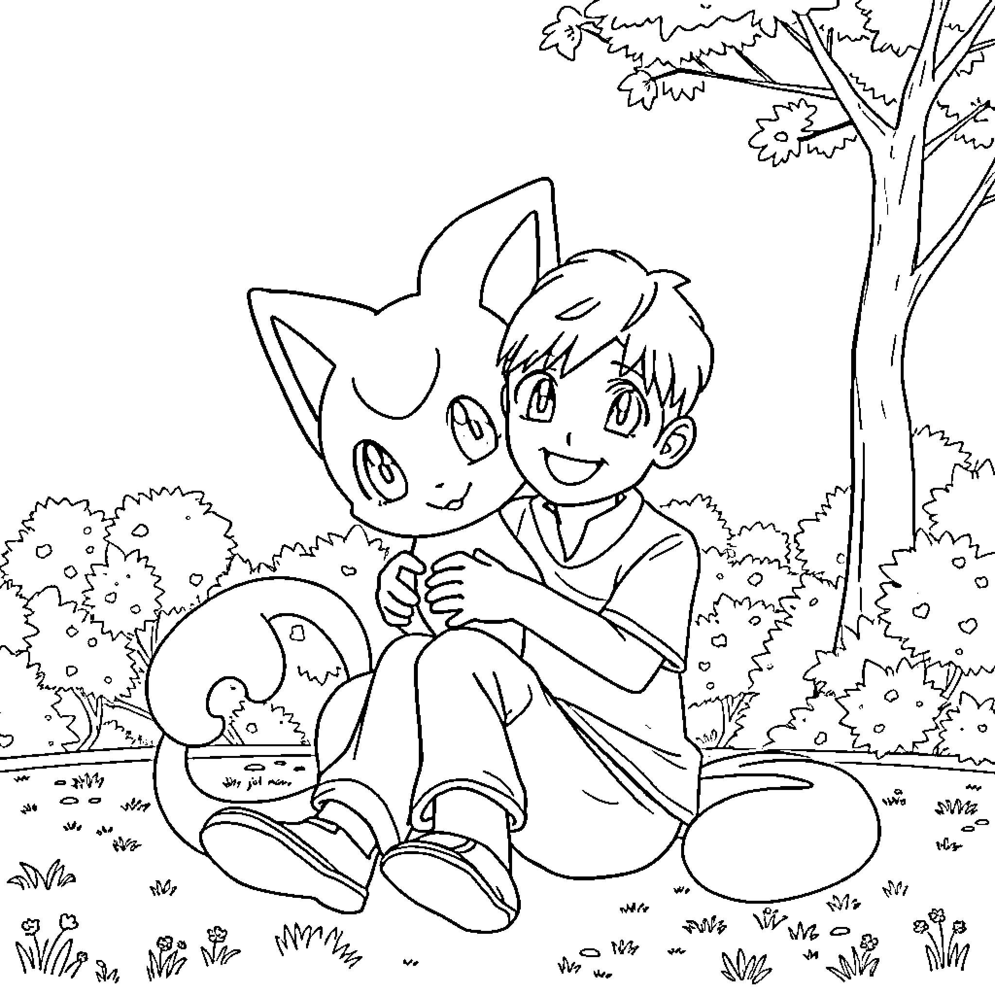Mew - Boy and cat playing in a peaceful garden Coloring Page (free black-and-white line drawing printable PDF for all, from beginners to advanced learners, including children, teens, adults, and seniors)