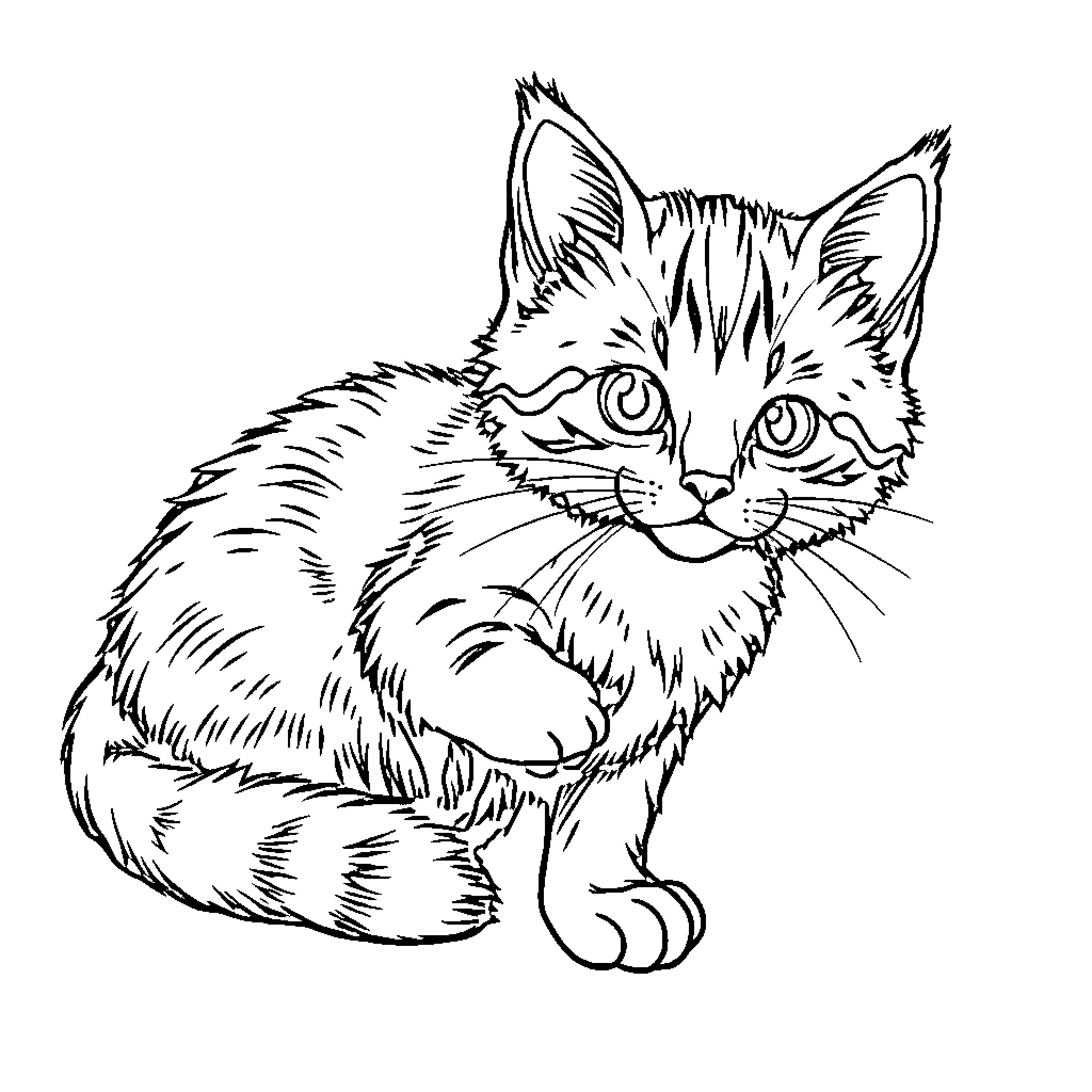 Unicorn cat sitting and observing Coloring Page (free black-and-white line drawing printable PDF for all, from beginners to advanced learners, including children, teens, adults, and seniors)
