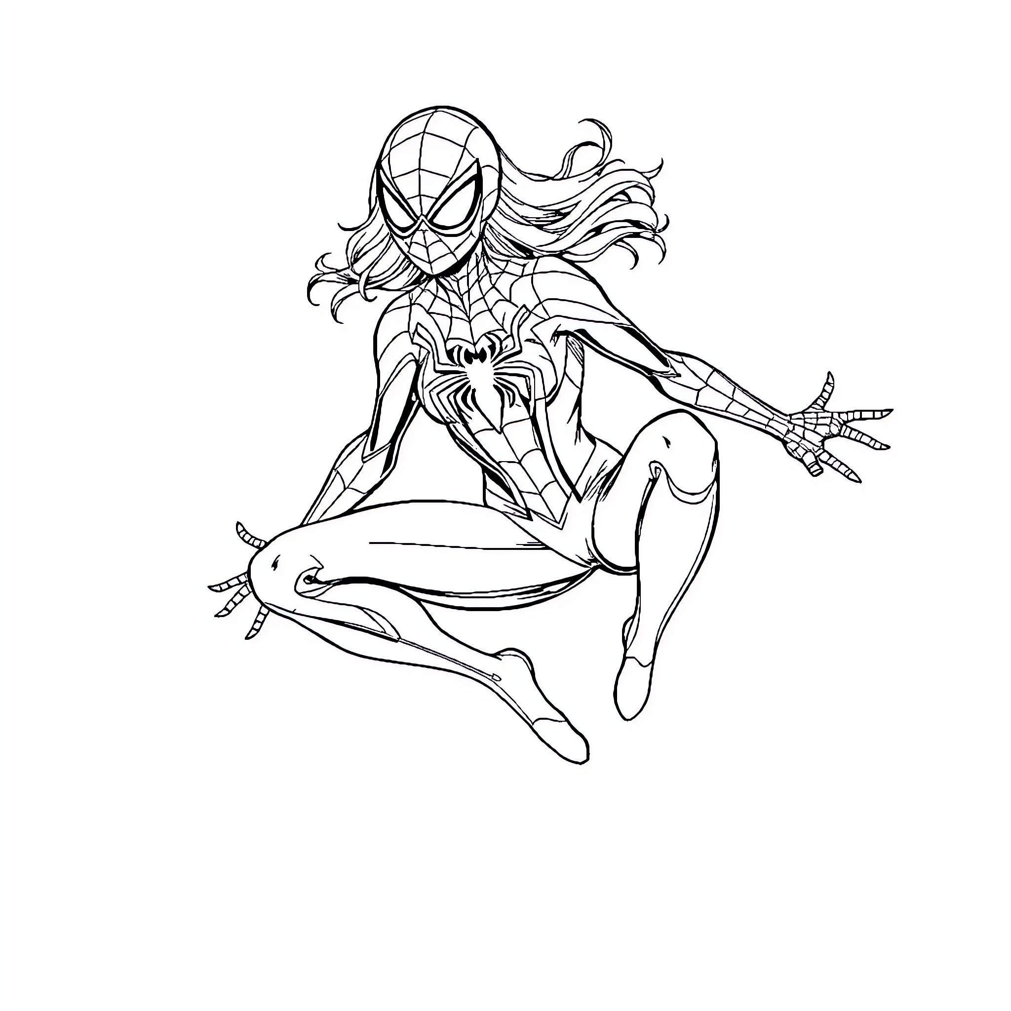 Spiderman leaping into action in dynamic pose Coloring Page (free black-and-white line drawing printable PDF for all, from beginners to advanced learners, including children, teens, adults, and seniors)