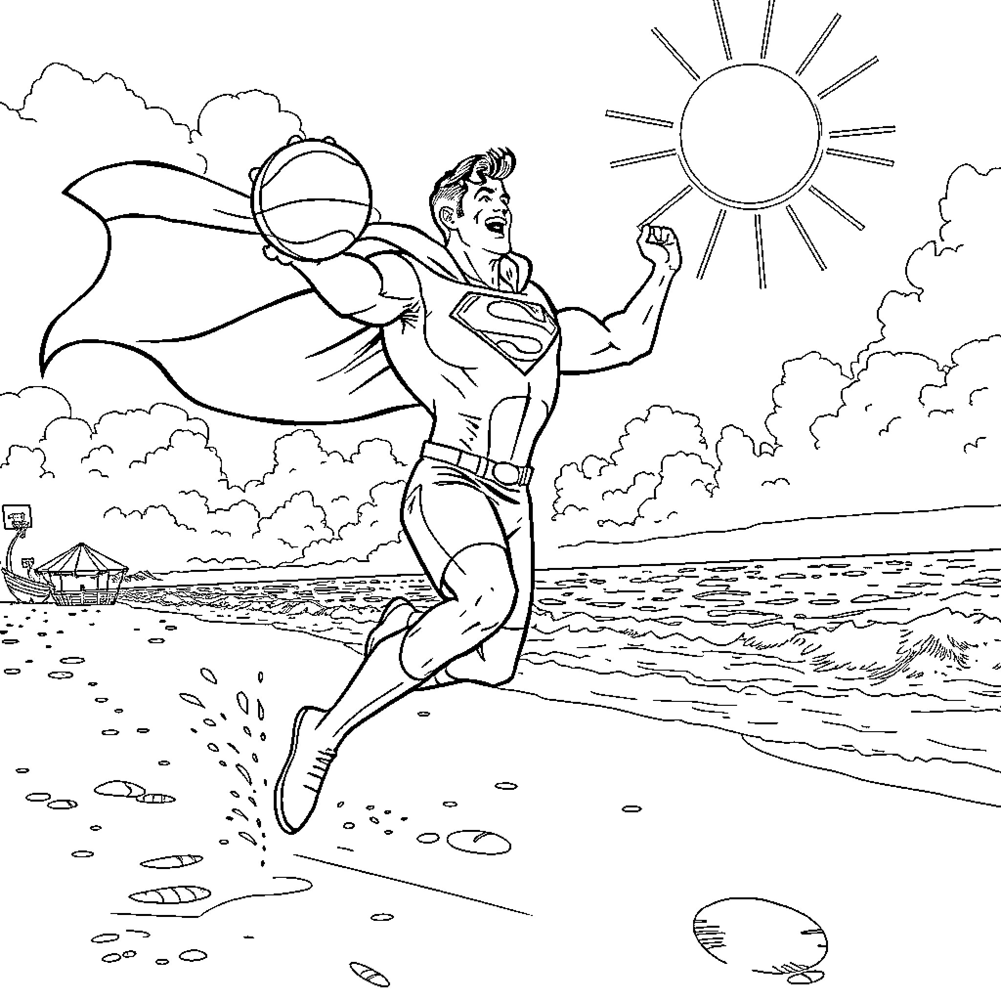 Superman soaring triumphantly over the beach Coloring Page (free black-and-white line drawing printable PDF for all, from beginners to advanced learners, including children, teens, adults, and seniors)