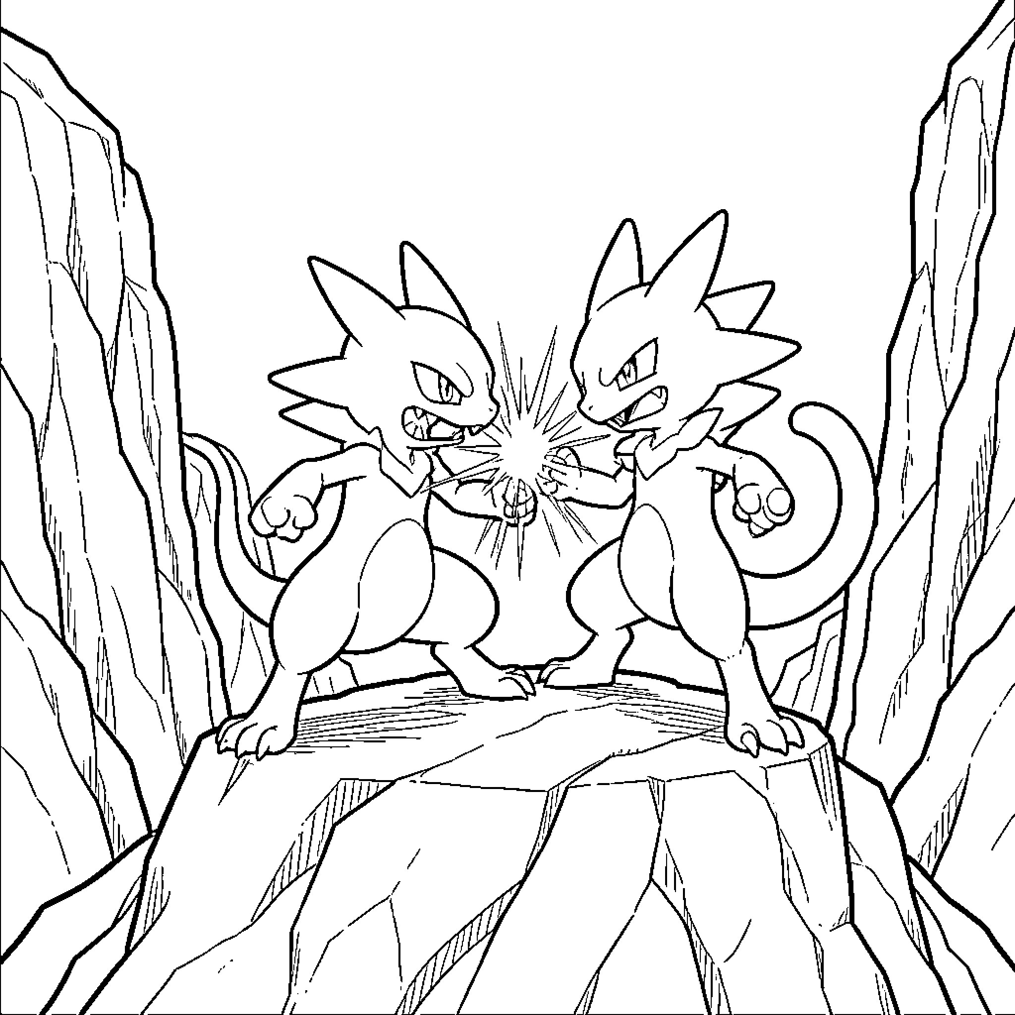 Mewtwo's Fierce Battle in the Rocky Cliffs Coloring Page (free black-and-white line drawing printable PDF for all, from beginners to advanced learners, including children, teens, adults, and seniors)