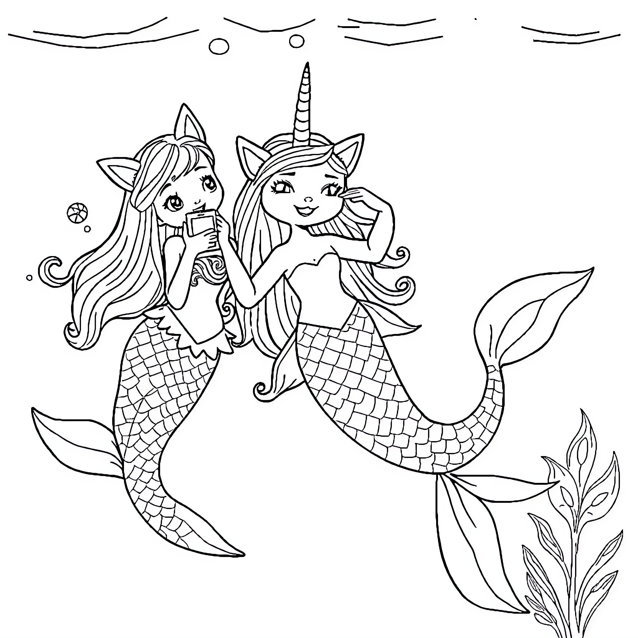 Mermaid friends exploring the underwater world Coloring Page (free black-and-white line drawing printable PDF for all, from beginners to advanced learners, including children, teens, adults, and seniors)