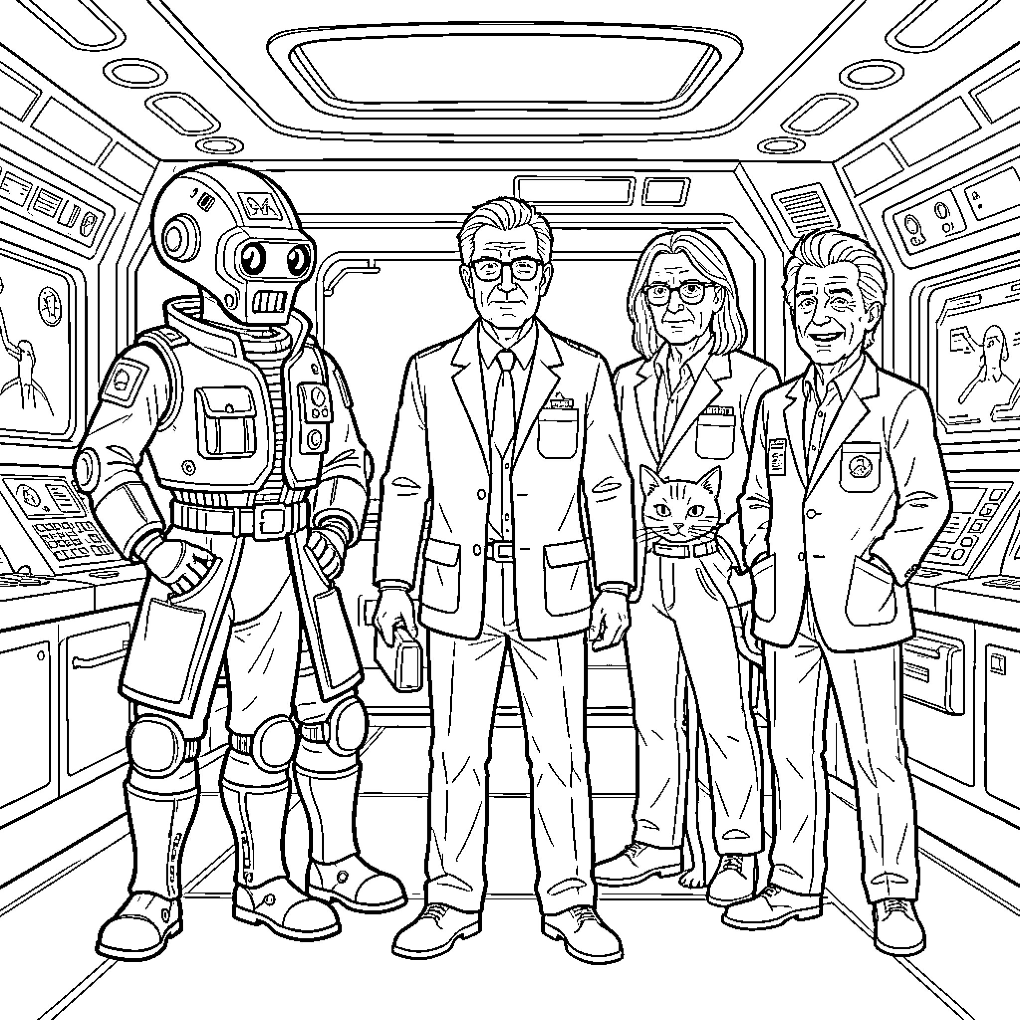 Red Dwarf crew standing together inside a spaceship Coloring Page (free black-and-white line drawing printable PDF for all, from beginners to advanced learners, including children, teens, adults, and seniors)