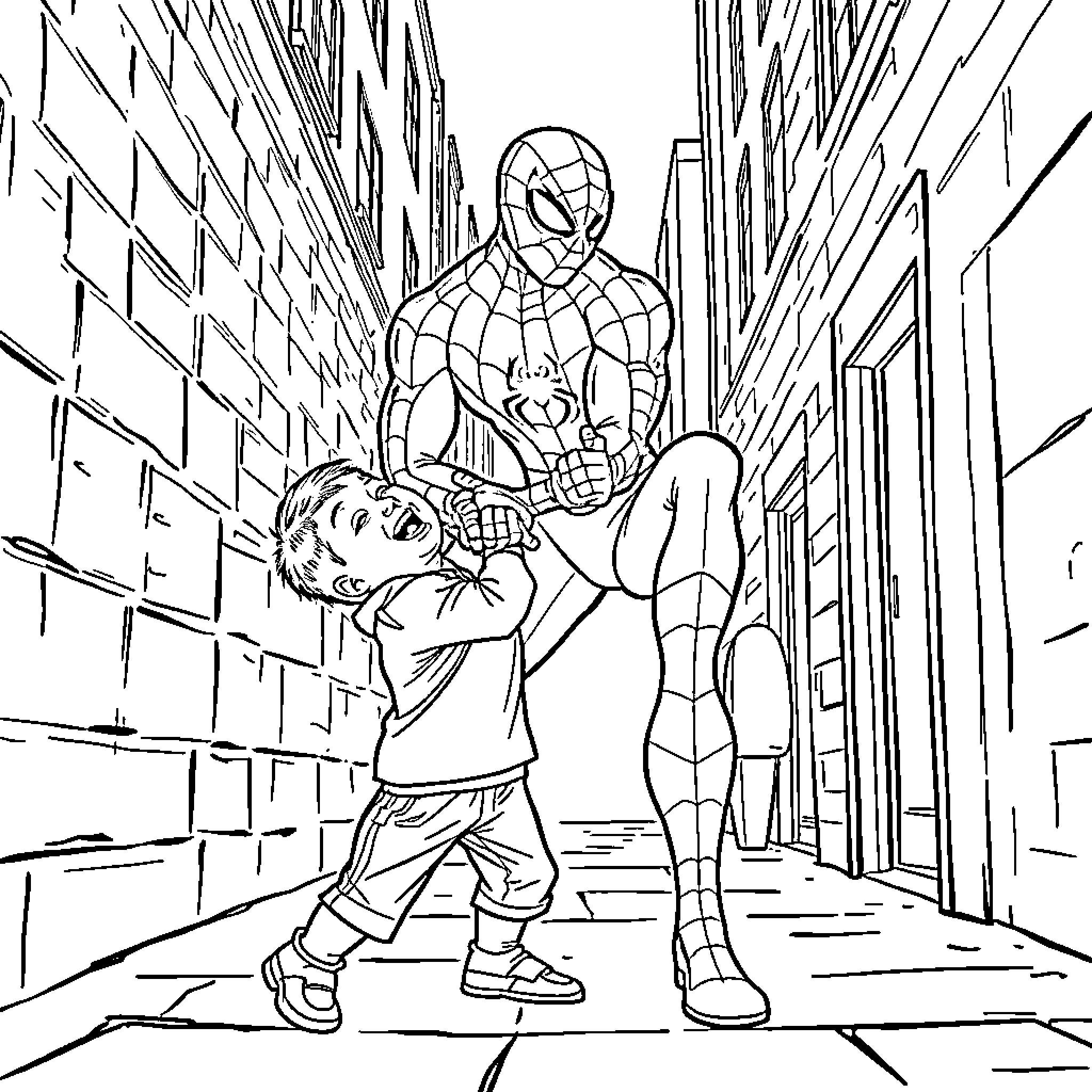 Spiderman saving a boy in the city alley Coloring Page (free black-and-white line drawing printable PDF for all, from beginners to advanced learners, including children, teens, adults, and seniors)