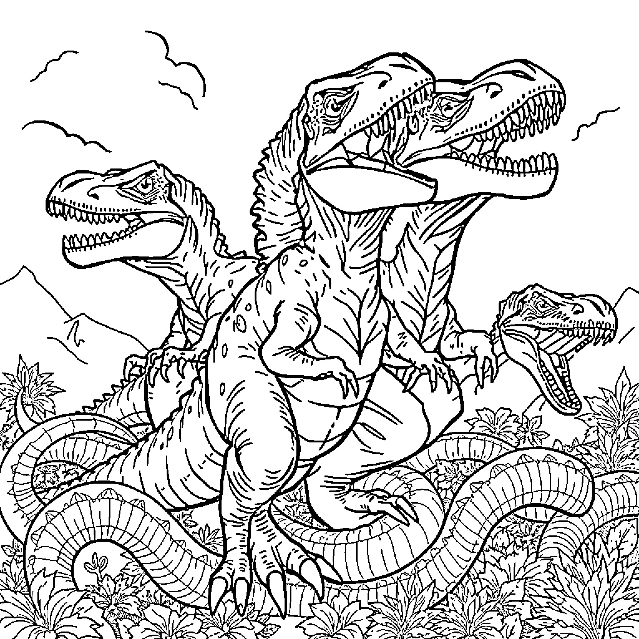 Dinosaur Hunting Pack in Prehistoric Landscape Coloring Page (free black-and-white line drawing printable PDF for all, from beginners to advanced learners, including children, teens, adults, and seniors)