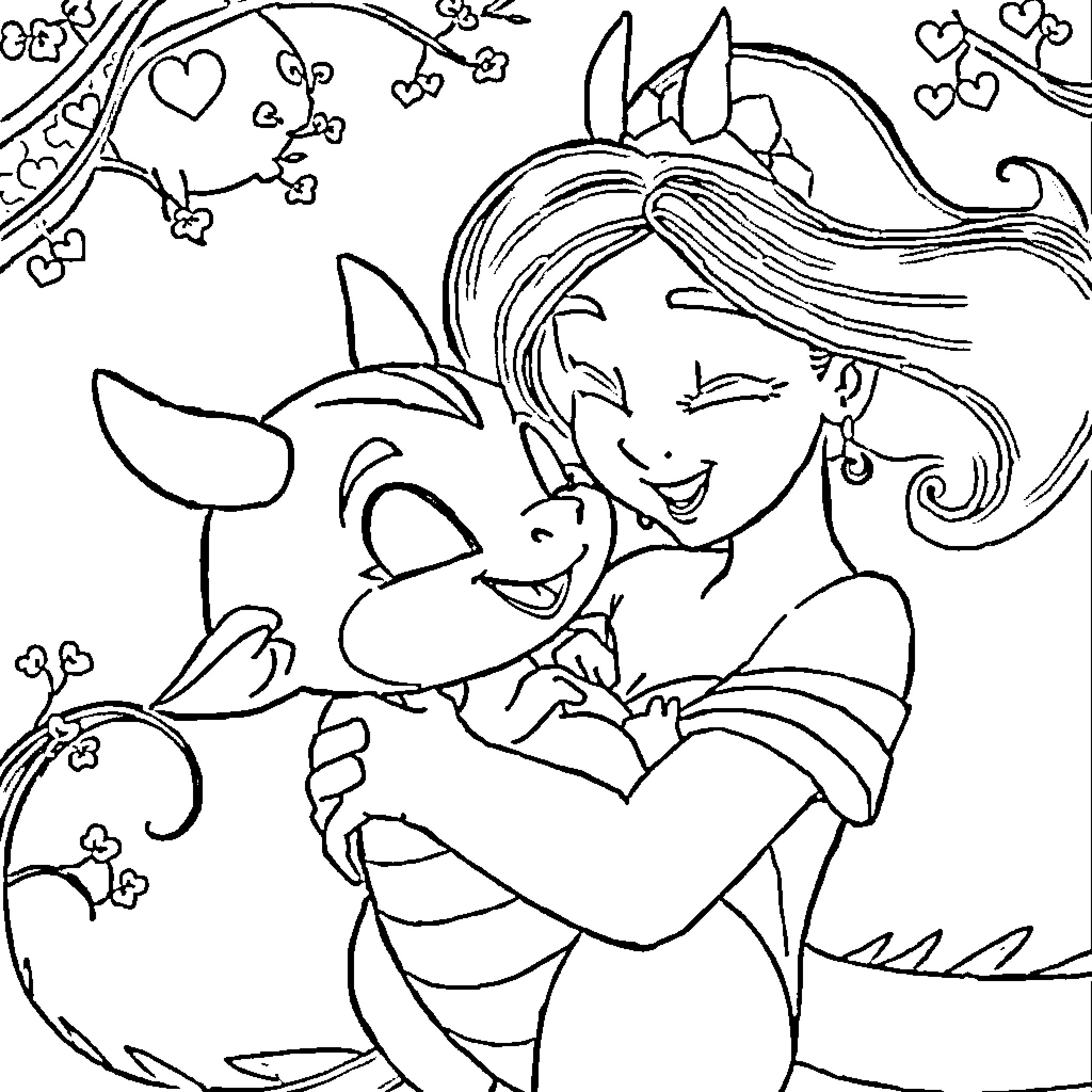 Mulan and her animal companion in a whimsical scene Coloring Page (free black-and-white line drawing printable PDF for all, from beginners to advanced learners, including children, teens, adults, and seniors)