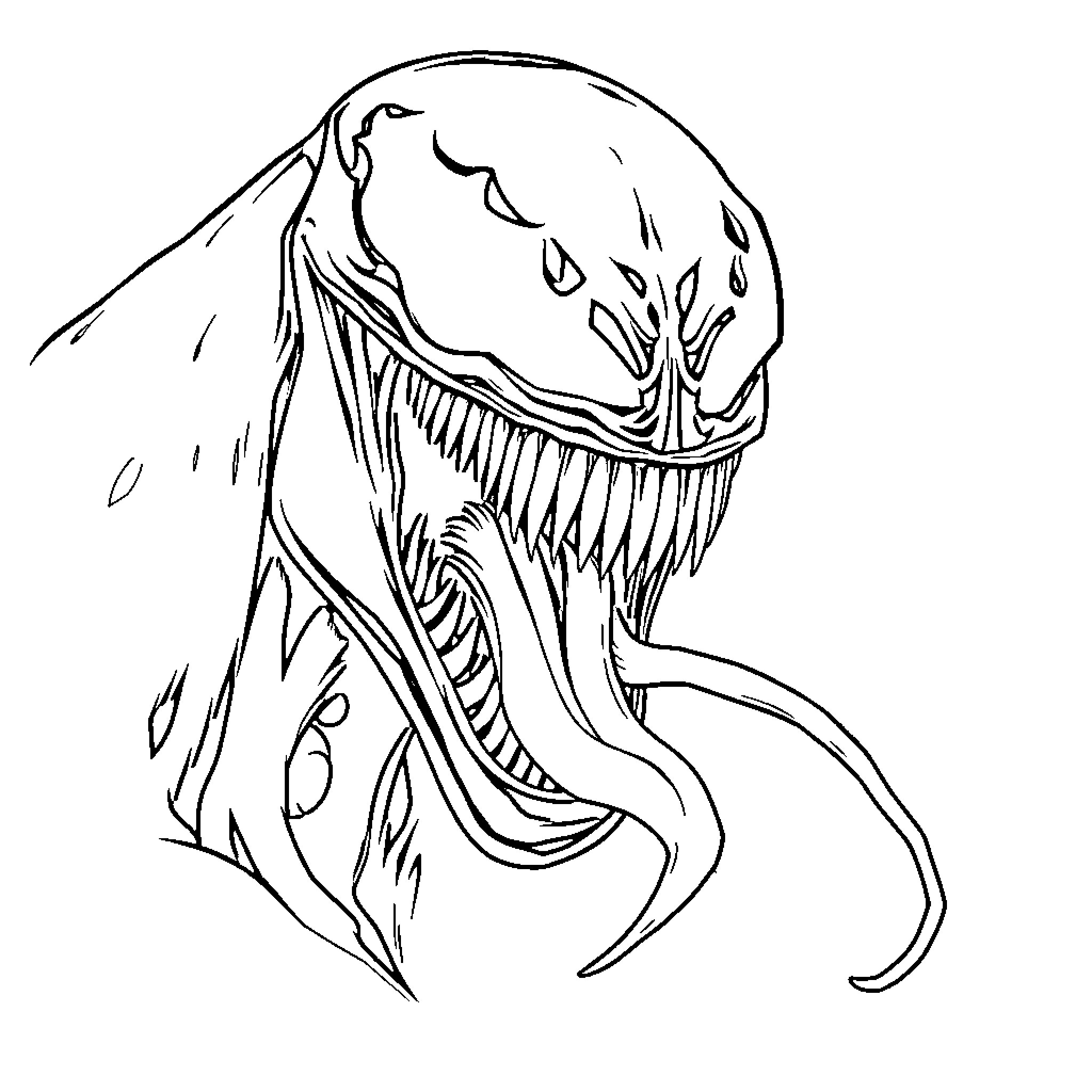 Venom snarling with an elongated tongue and sharp teeth Coloring Page (free black-and-white line drawing printable PDF for all, from beginners to advanced learners, including children, teens, adults, and seniors)